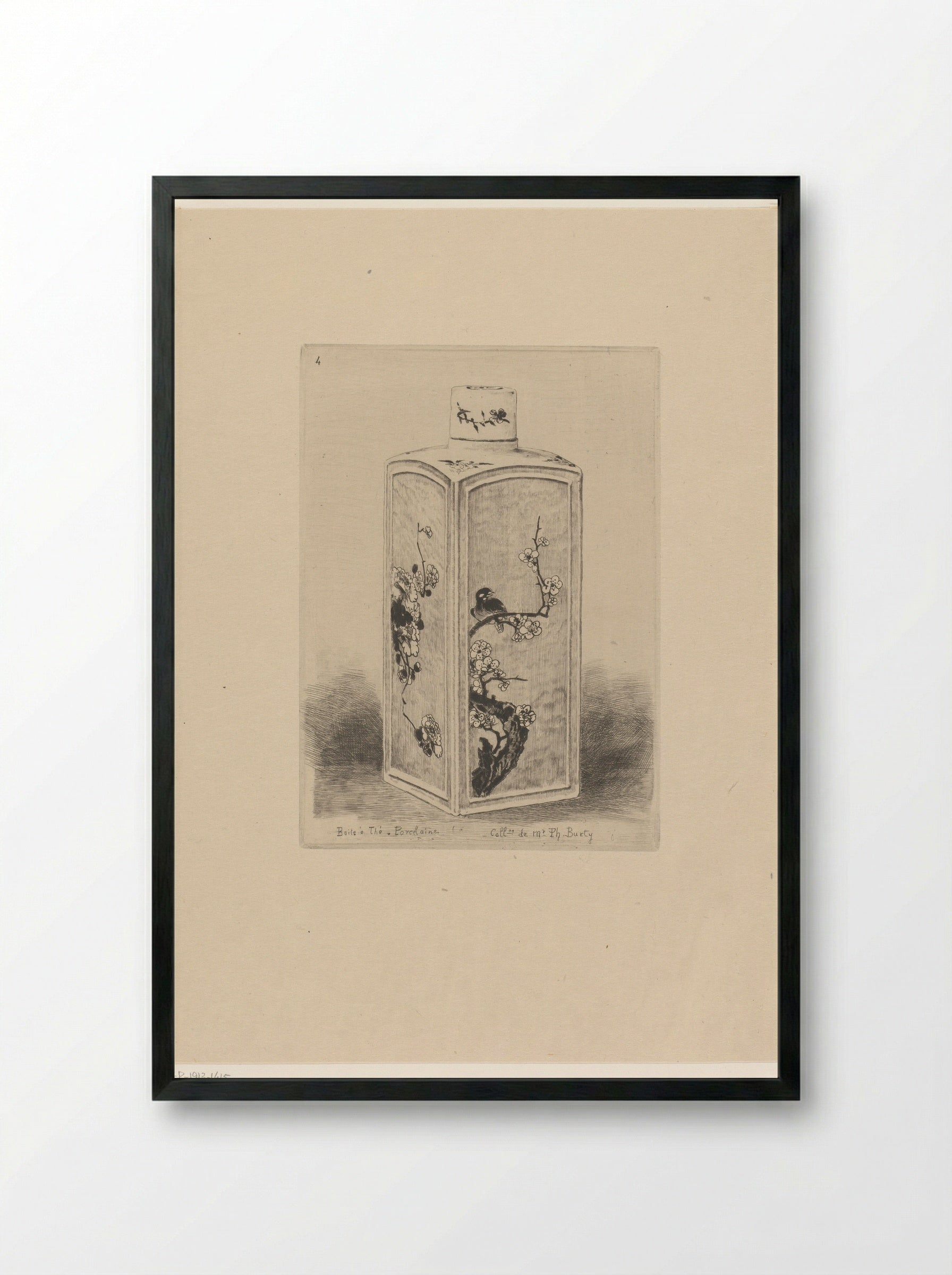 Porcelain Tea Caddy with Bird on a Flowering Branch - Félix Hilaire Buhot - Framed Print Black