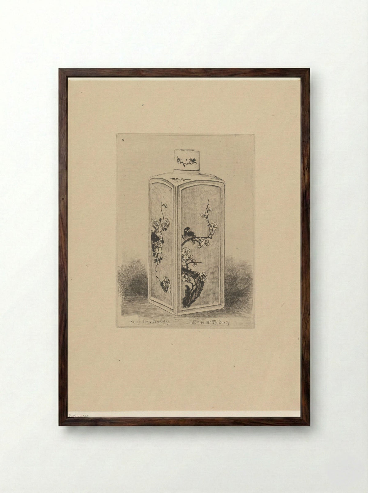 Porcelain Tea Caddy with Bird on a Flowering Branch - Félix Hilaire Buhot - Framed Print Dark Wood