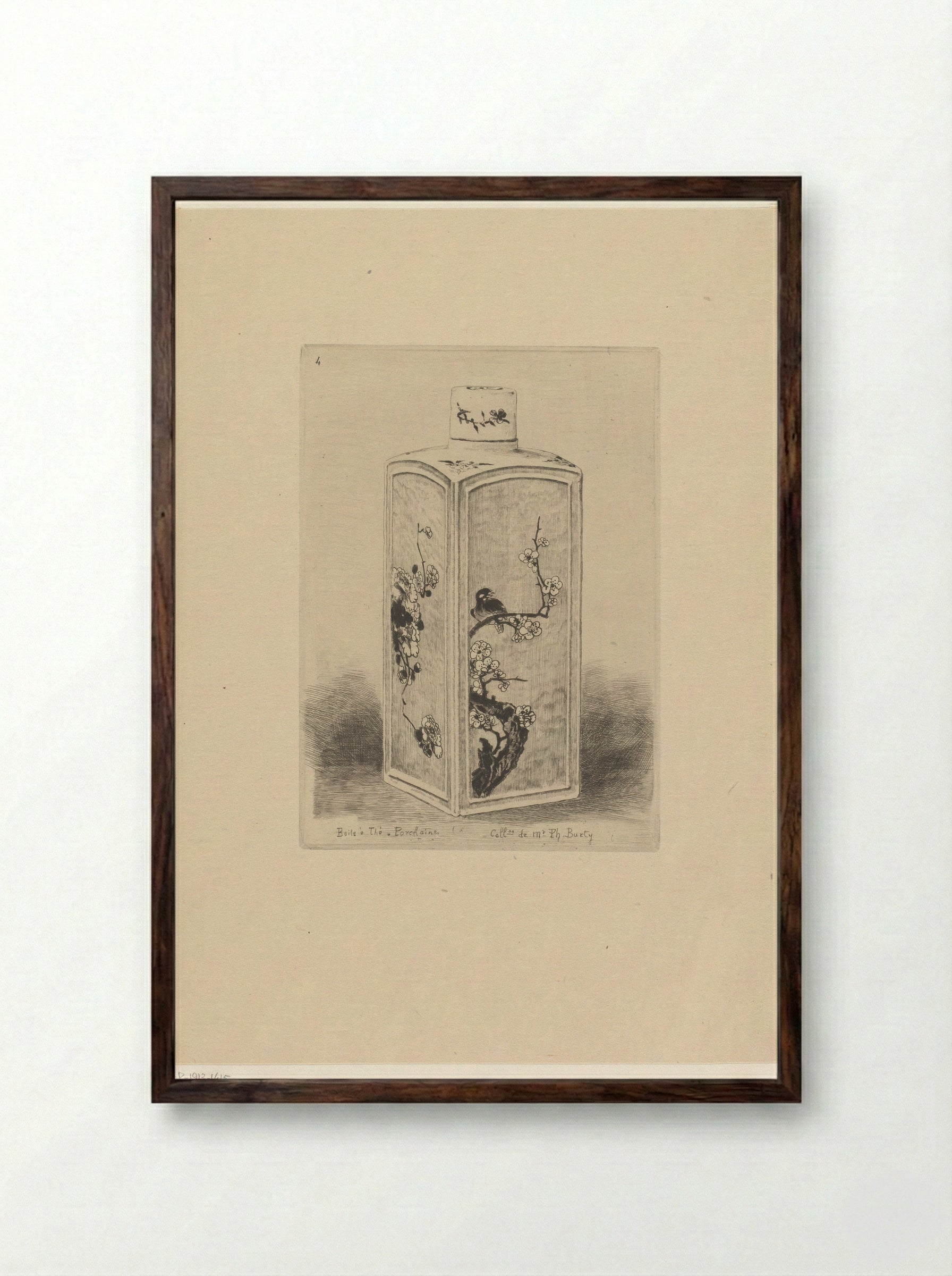 Porcelain Tea Caddy with Bird on a Flowering Branch - Félix Hilaire Buhot - Framed Print Dark Wood
