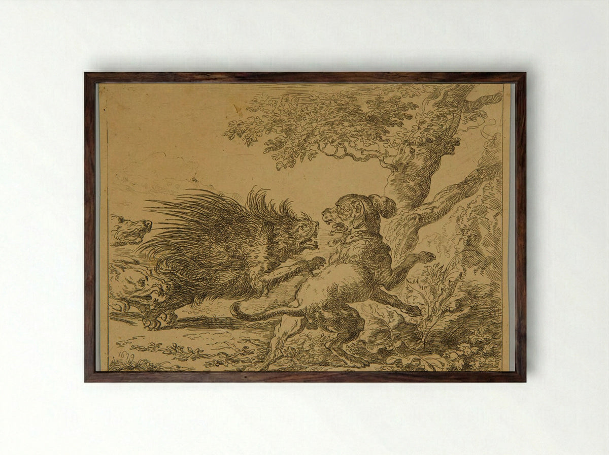 Porcupine and Dogs - Abraham Hondius - Framed Print Dark Wood