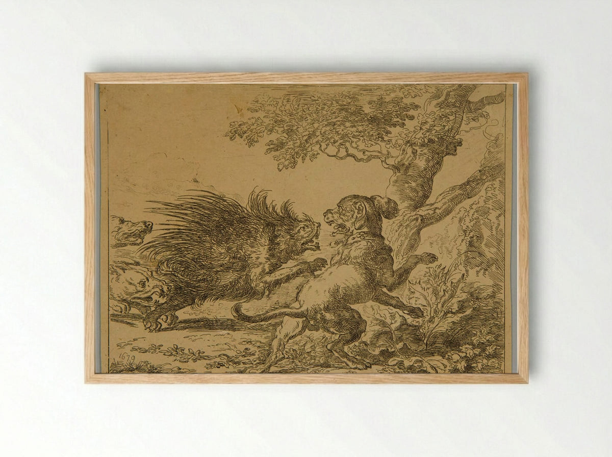 Porcupine and Dogs - Abraham Hondius - Framed Print Wood