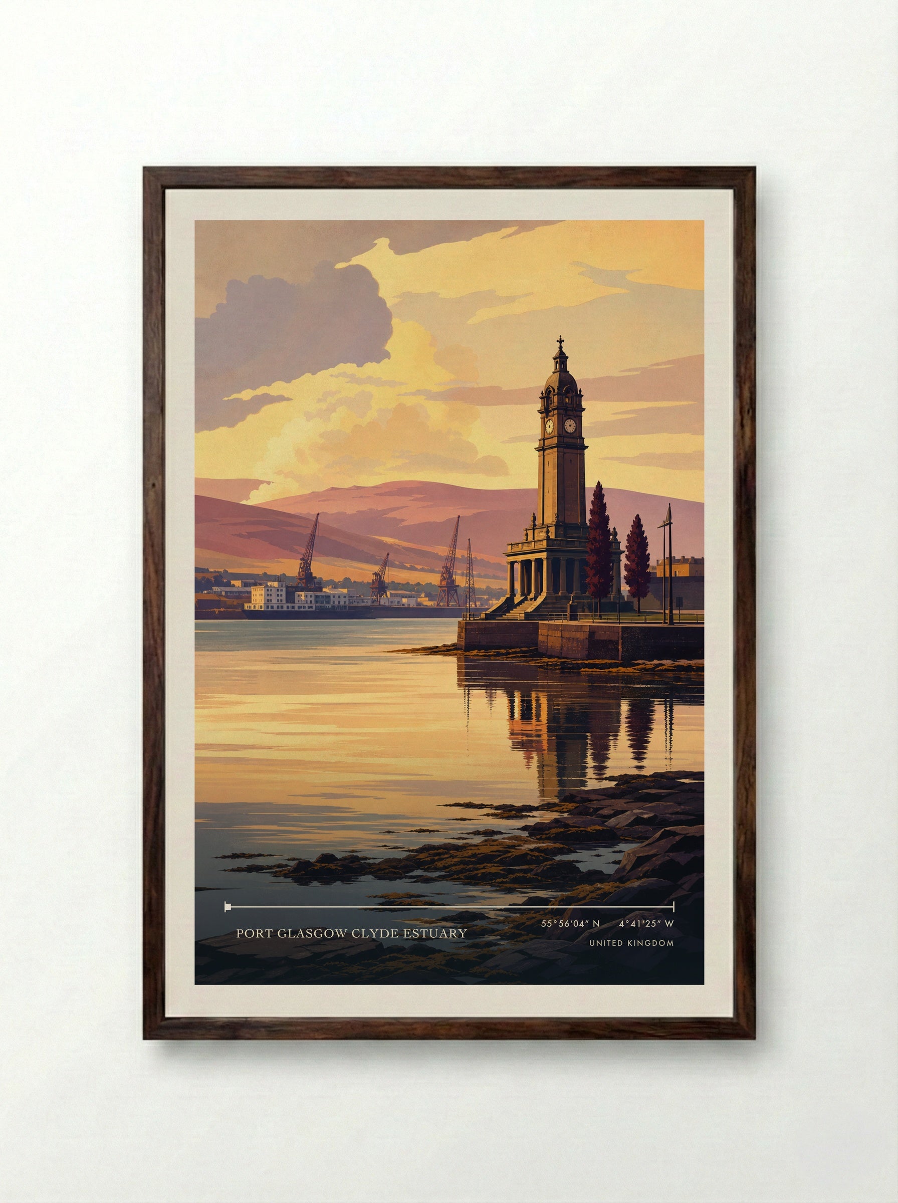 Port Glasgow Clyde Estuary United Kingdom Travel Poster - Framed Print Dark Wood