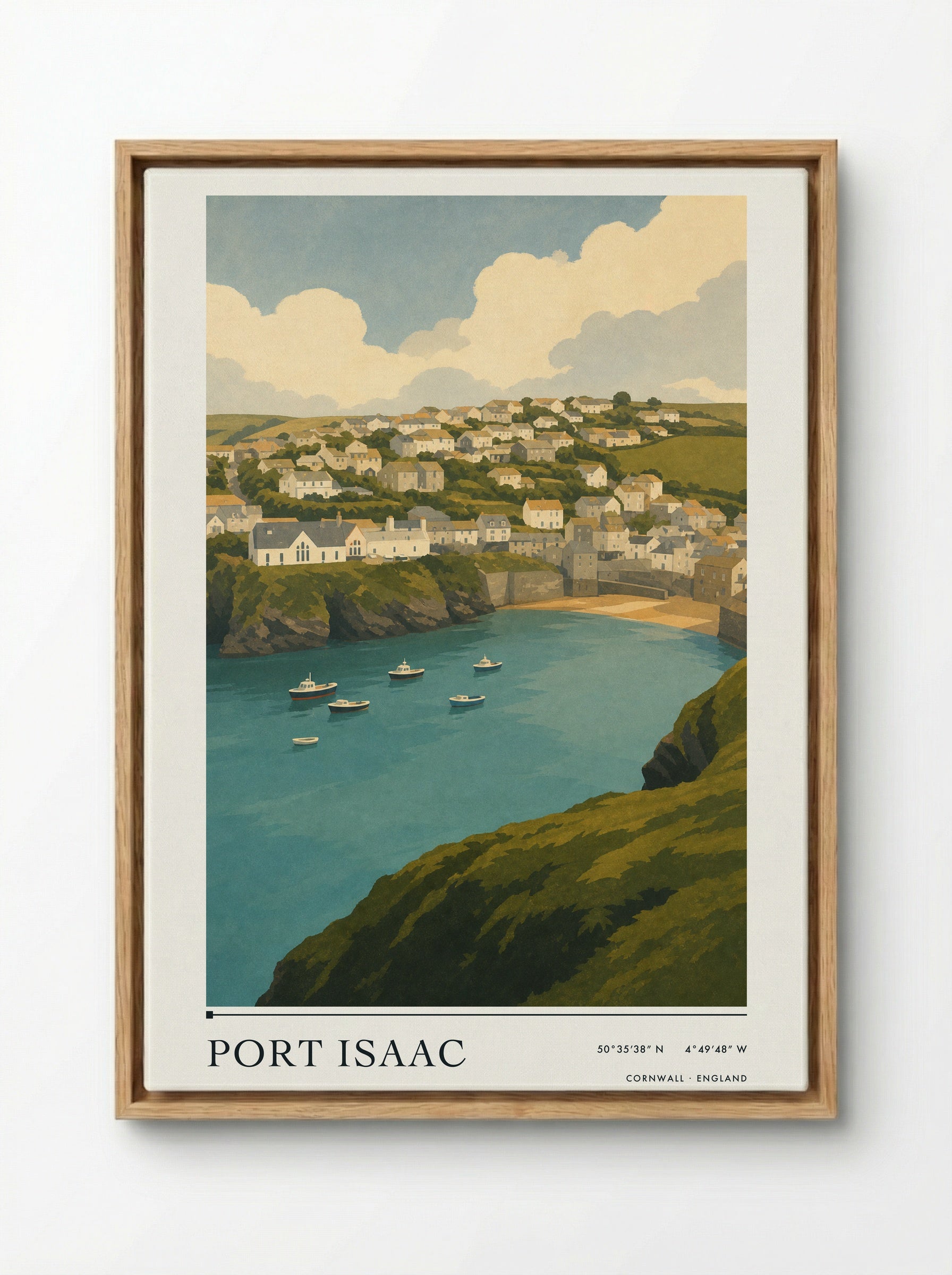 Port Isaac Cornwall Travel Poster - Framed Canvas Wood