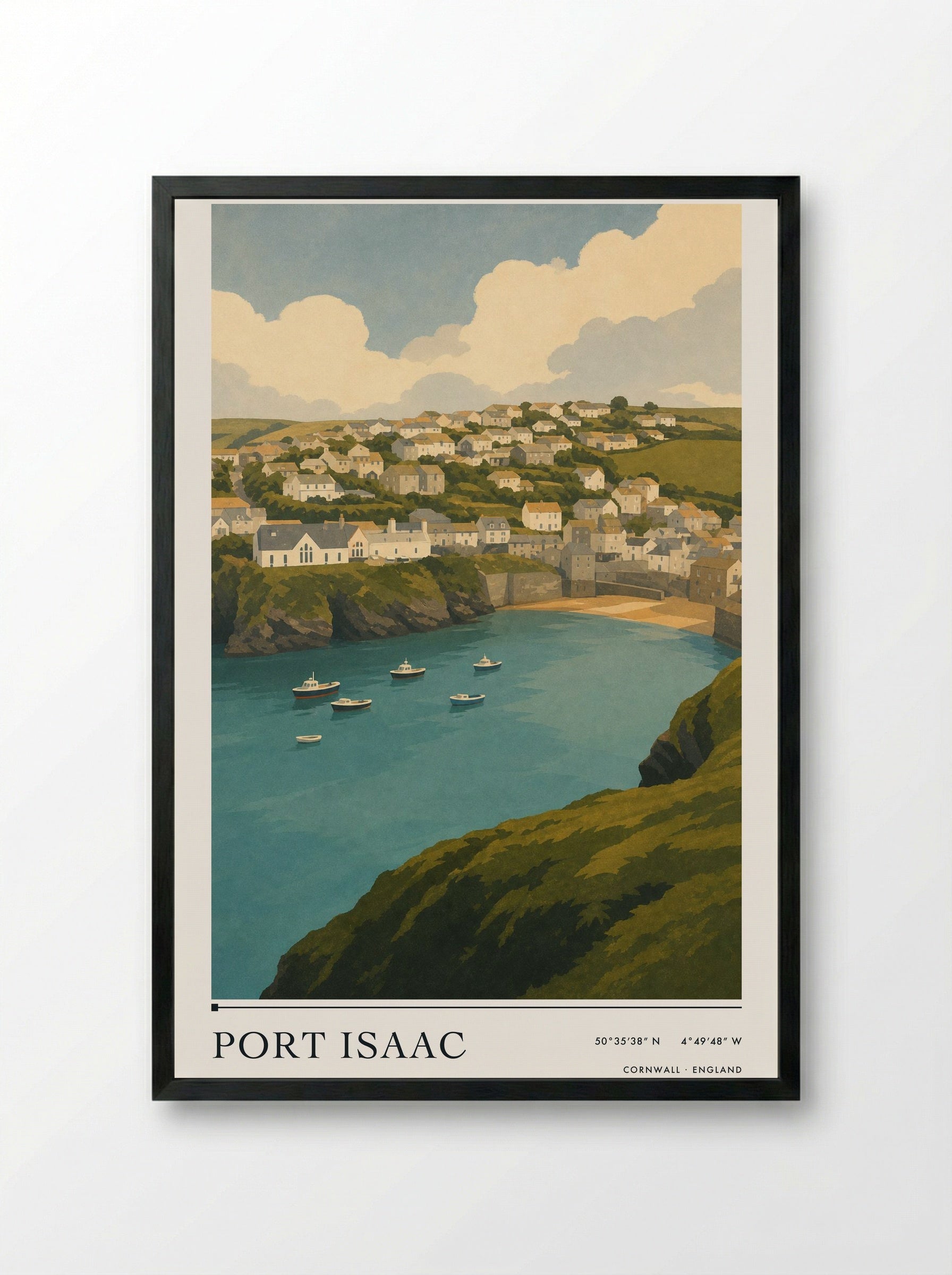 Port Isaac Cornwall Travel Poster - Framed Print Black