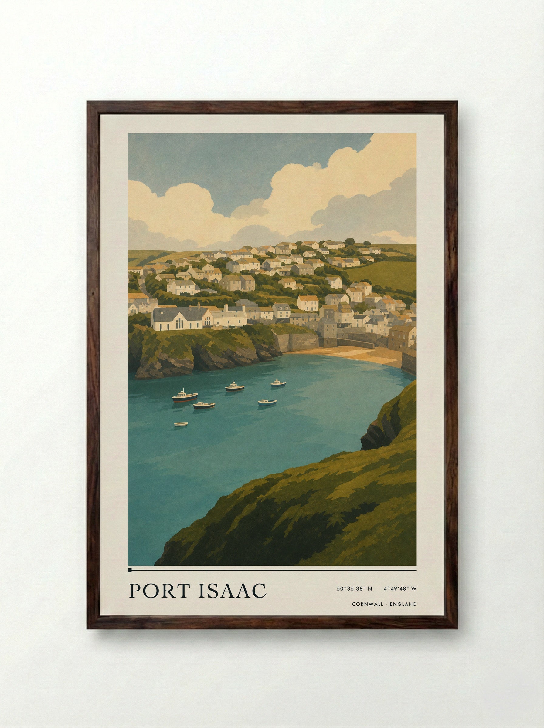 Port Isaac Cornwall Travel Poster - Framed Print Dark Wood