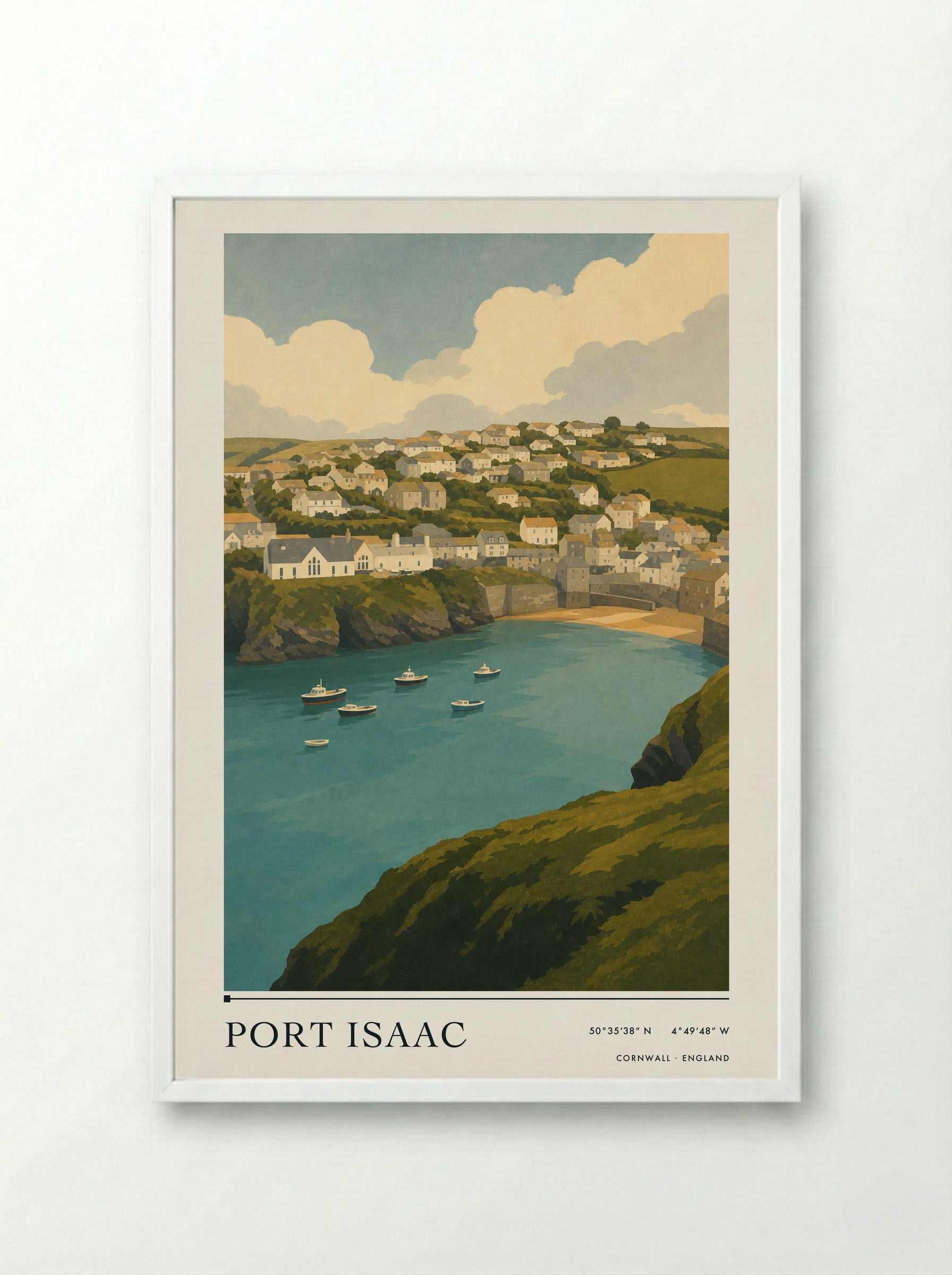 Port Isaac Cornwall Travel Poster - Framed Print White