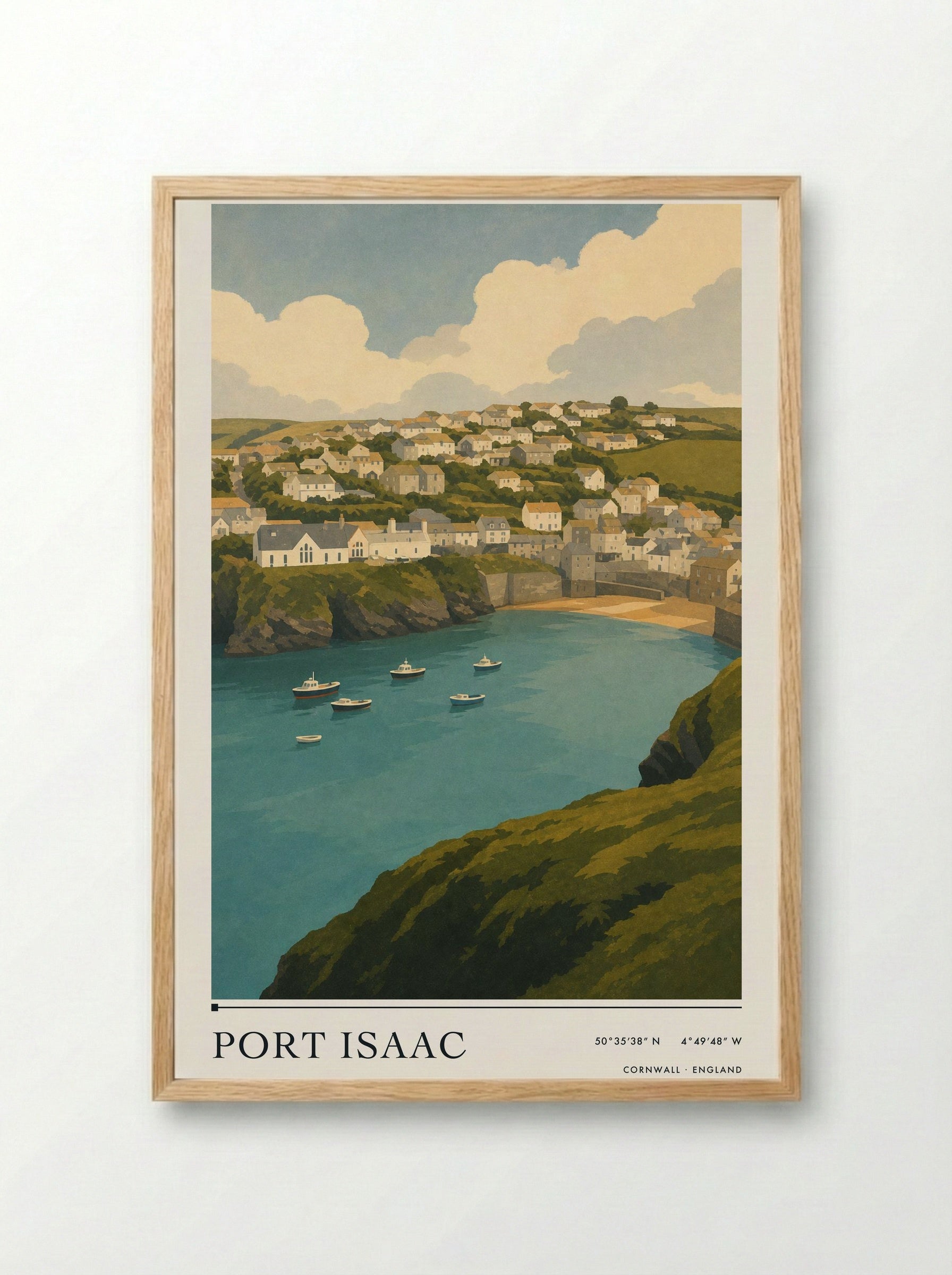 Port Isaac Cornwall Travel Poster - Framed Print Wood