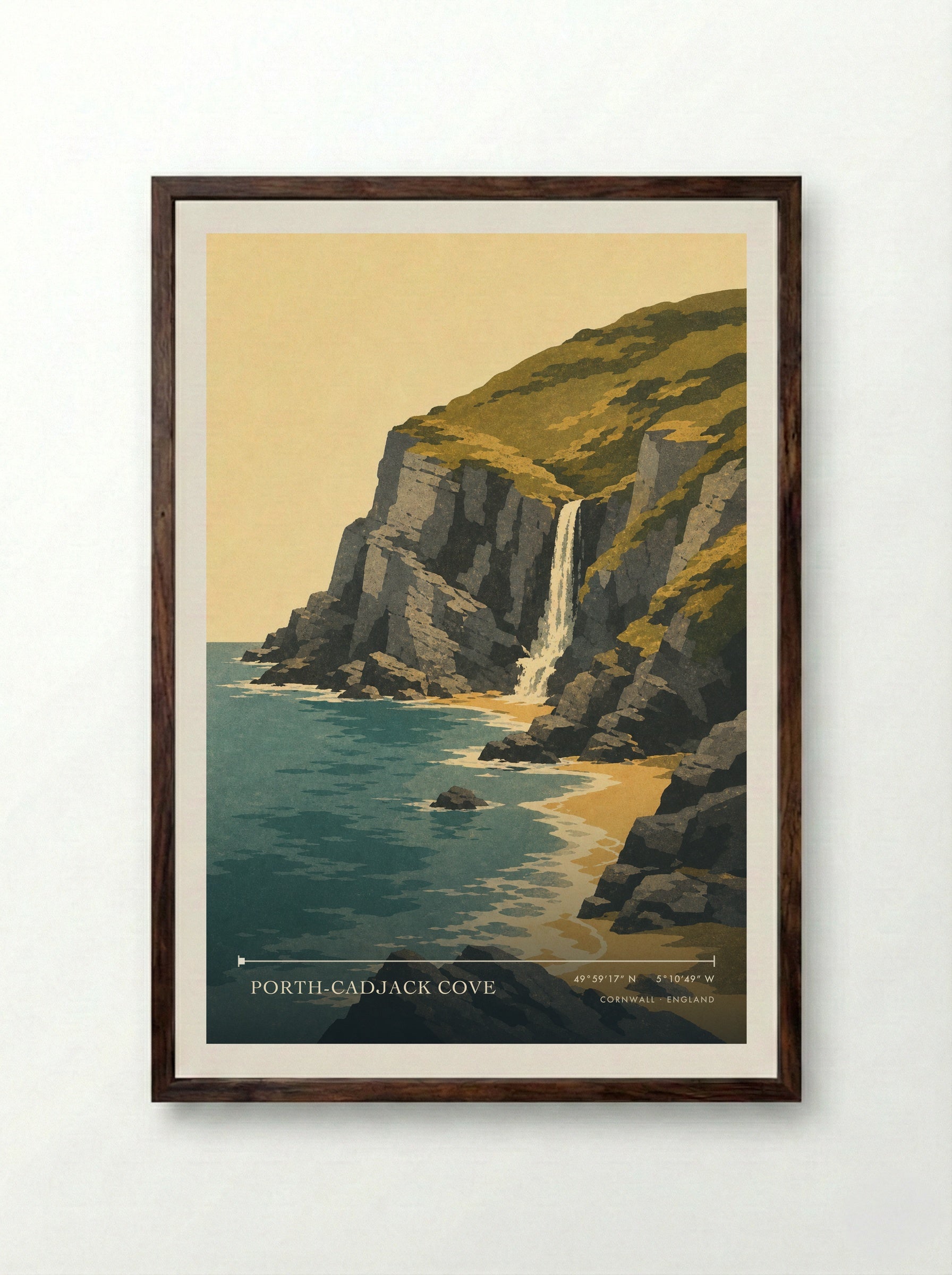 Porth-Cadjack Cove Cornwall England Travel Poster - Framed Print Dark Wood