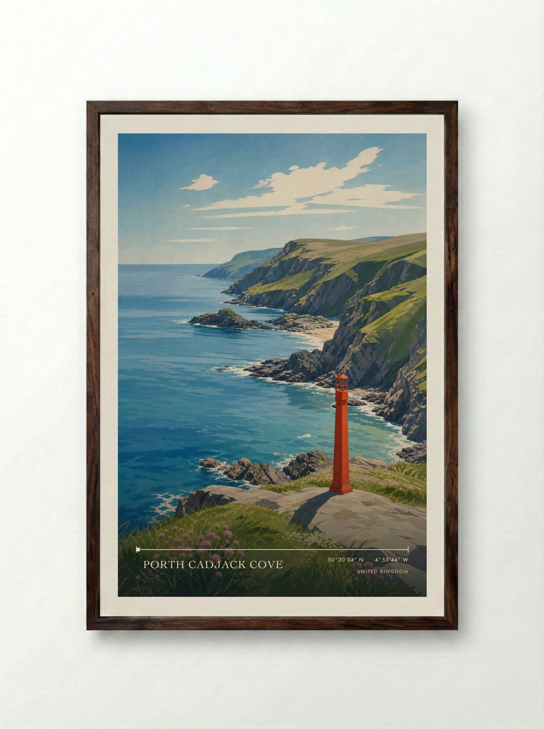 Porth Cadjack Cove United Kingdom Travel Poster - Framed Print Dark Wood