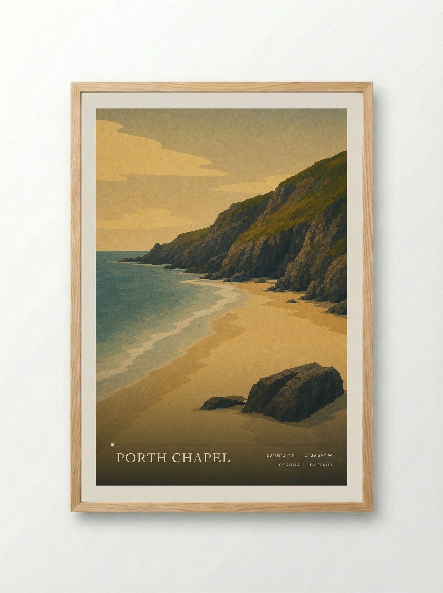 Porth Chapel Cornwall England Travel Poster - Framed Print Wood
