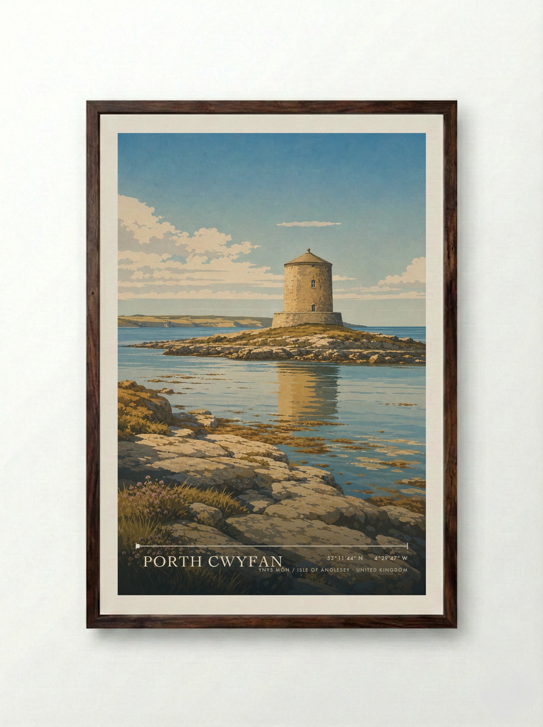 Porth Cwyfan Ynys Môn / Isle of Anglesey United Kingdom Travel Poster - Framed Print Dark Wood
