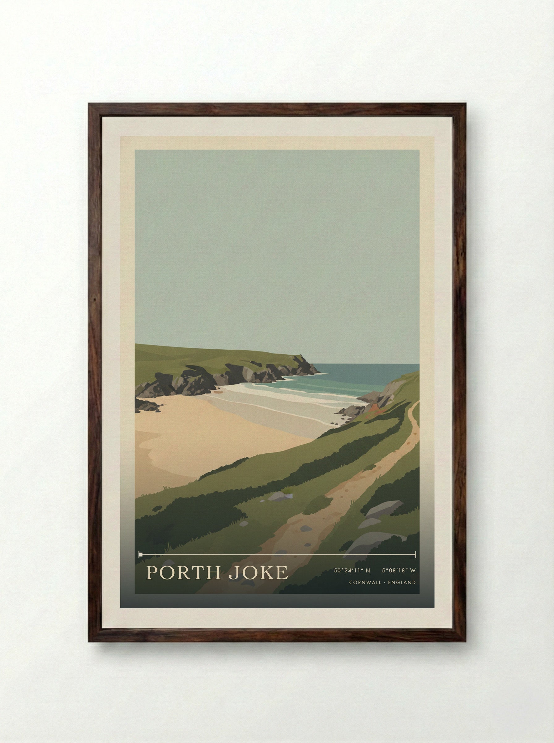 Porth Joke Cornwall England Travel Poster - Framed Print Dark Wood