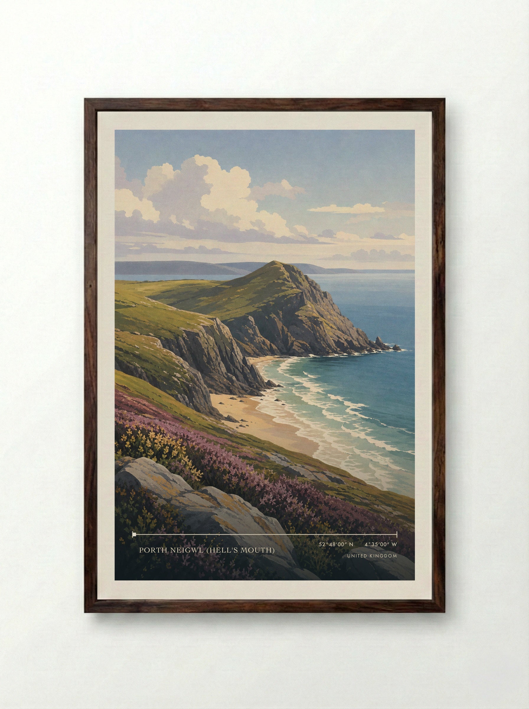 Porth Neigwl (Hell's Mouth) United Kingdom Travel Poster - Framed Print Dark Wood