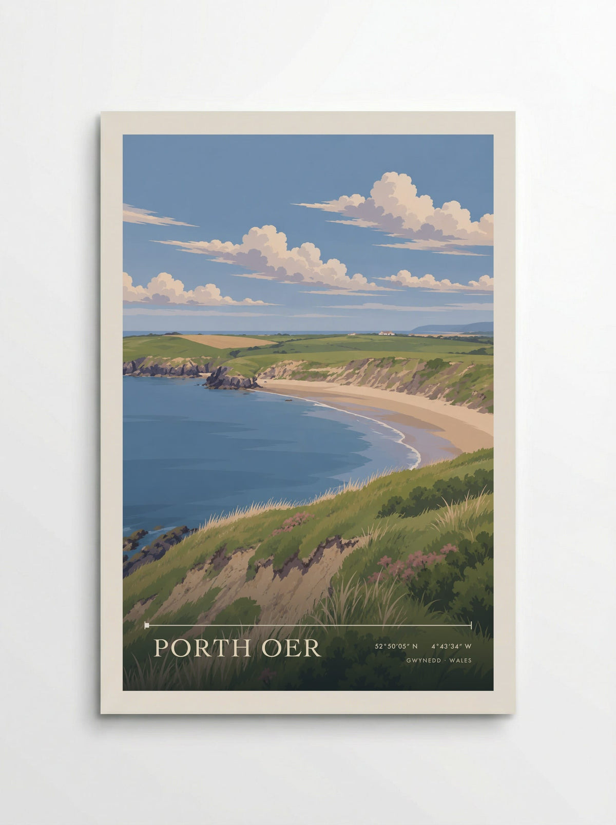 Porth Oer, Gwynedd travel poster: a pale crescent beach, deep blue water, grassy dunes and pink coastal flowers beneath summer clouds