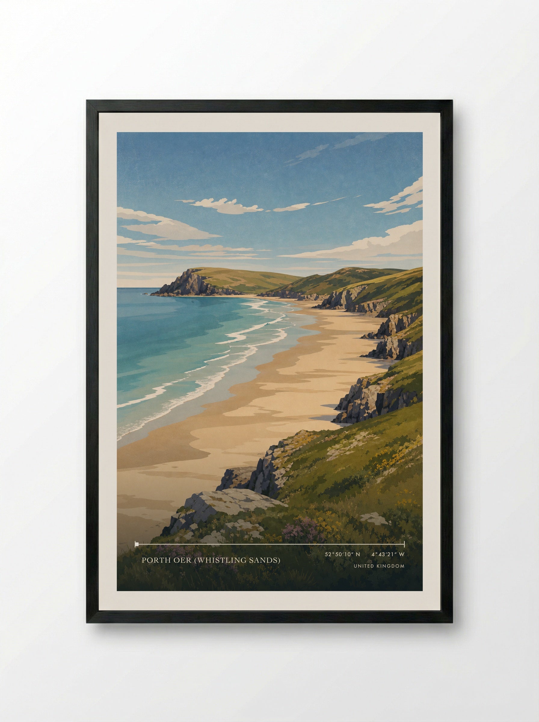 Porth Oer (Whistling Sands) United Kingdom Travel Poster - Framed Print Black