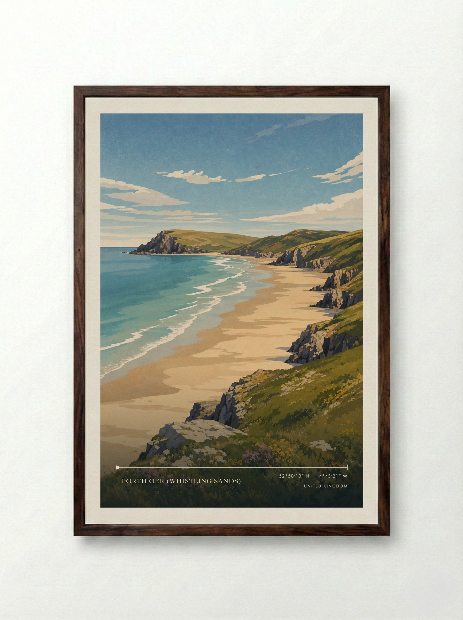 Porth Oer (Whistling Sands) United Kingdom Travel Poster - Framed Print Dark Wood