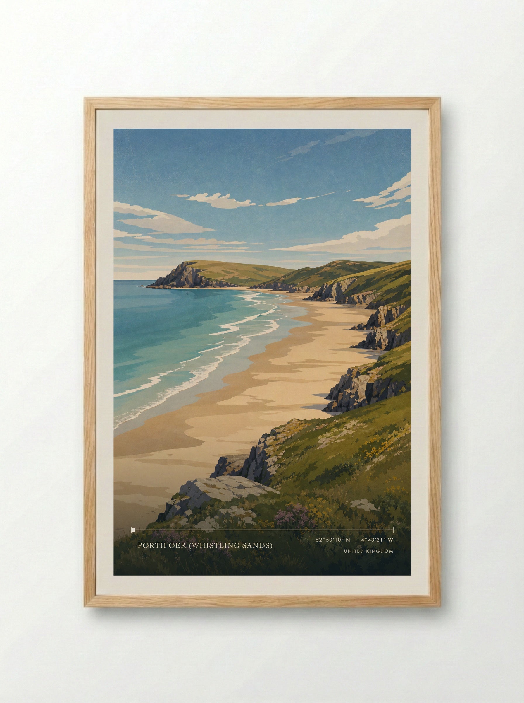 Porth Oer (Whistling Sands) United Kingdom Travel Poster - Framed Print Wood