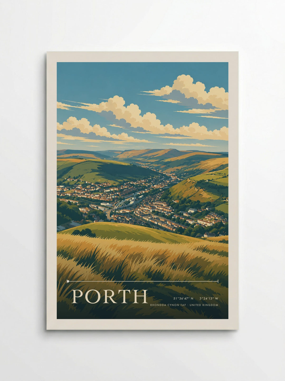 Porth, Rhondda Cynon Taf travel poster: pale terraces, a central bridge and golden hillside grass in warm summer light