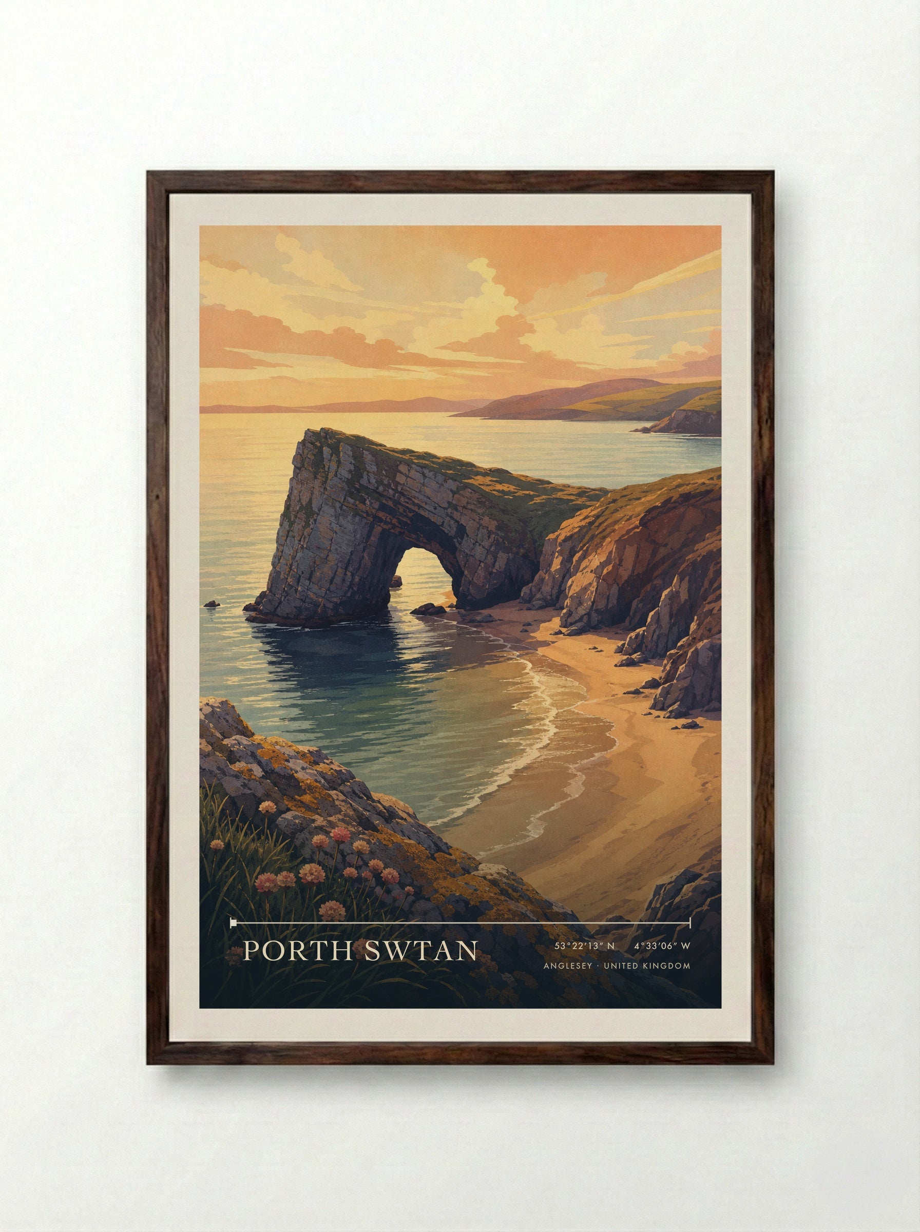 Porth Swtan Anglesey United Kingdom Travel Poster - Framed Print Dark Wood