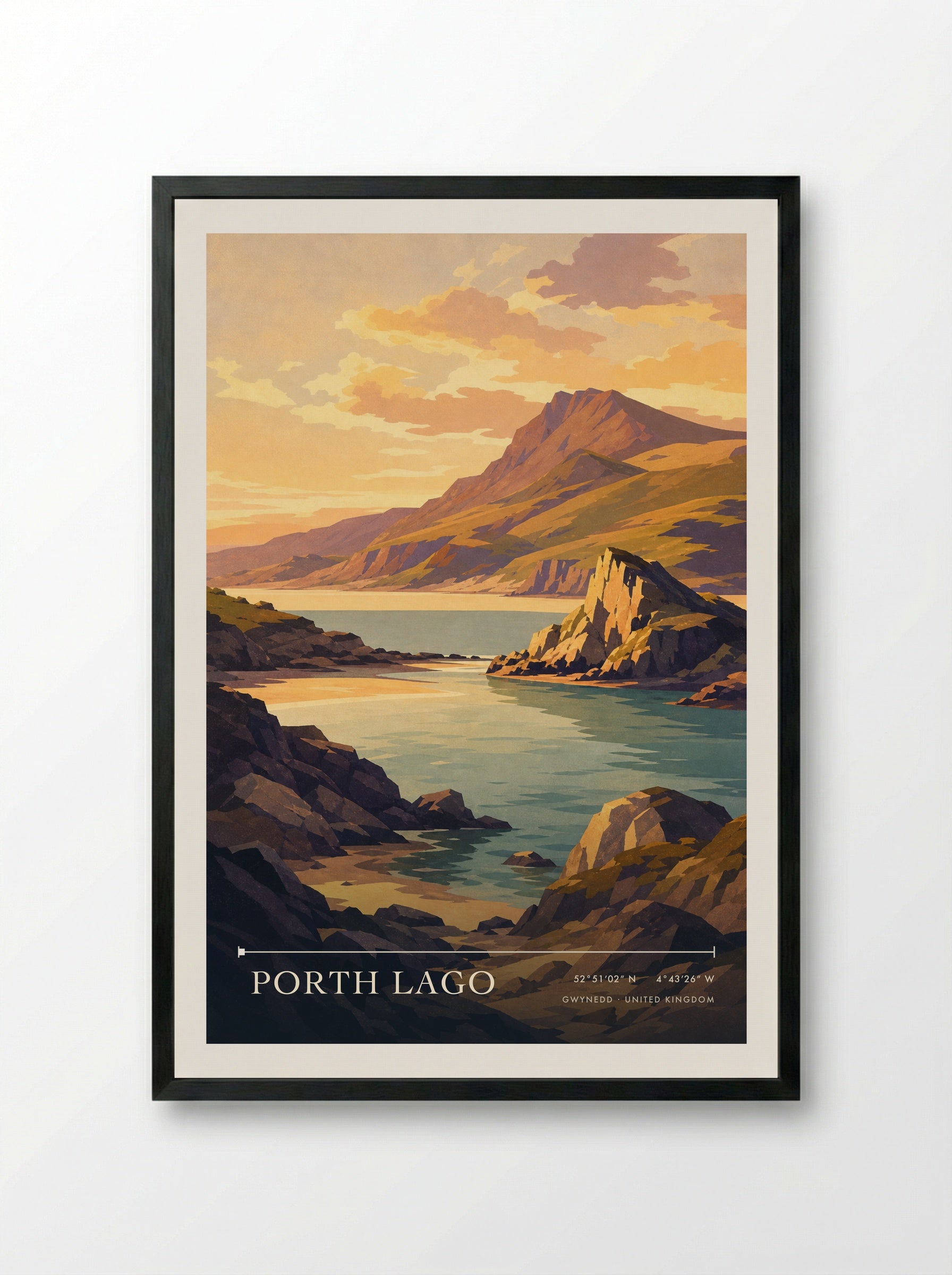 Porth lago Gwynedd United Kingdom Travel Poster - Framed Print Black