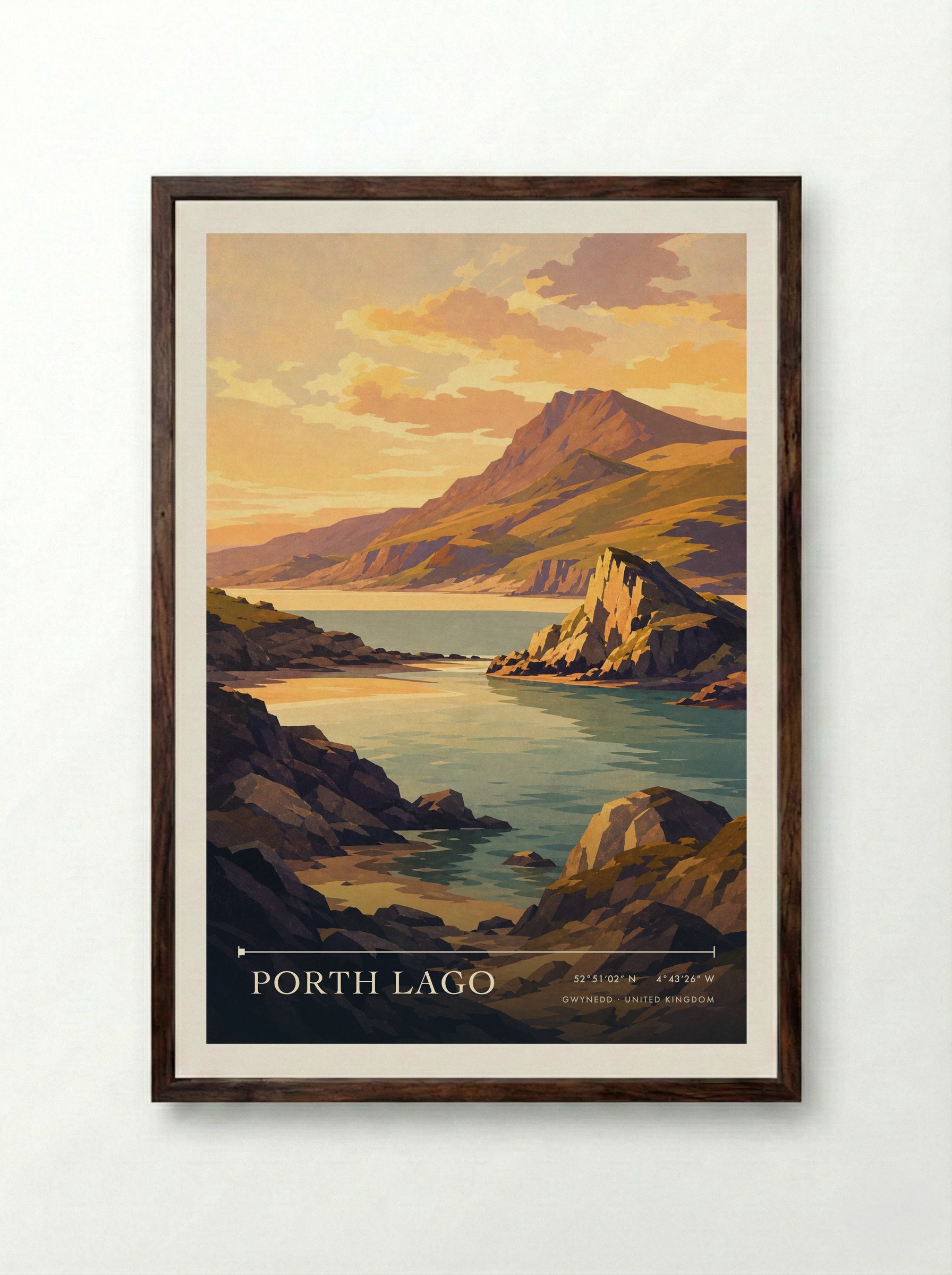 Porth lago Gwynedd United Kingdom Travel Poster - Framed Print Dark Wood