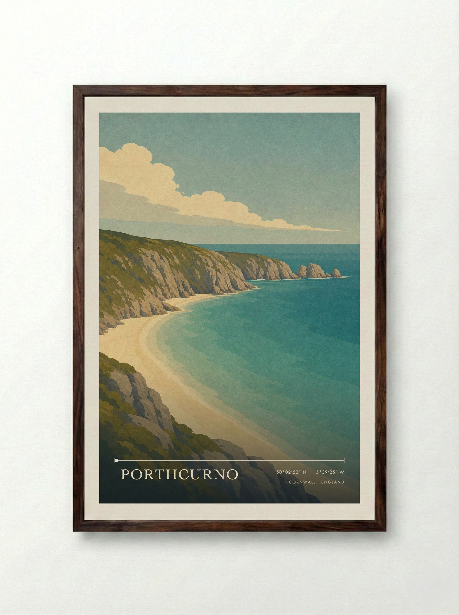 Porthcurno Travel Poster Artwork - Framed Print Dark Wood