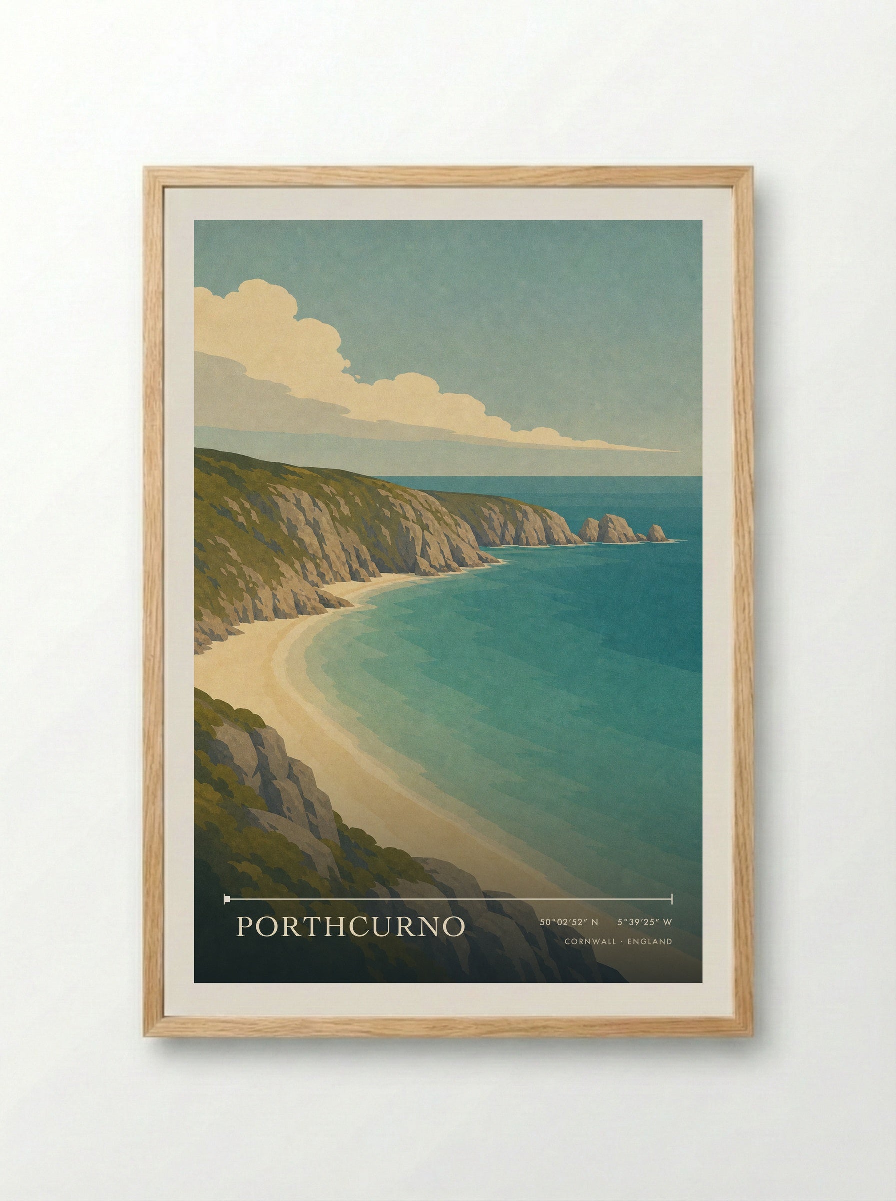 Porthcurno Travel Poster Artwork - Framed Print Wood