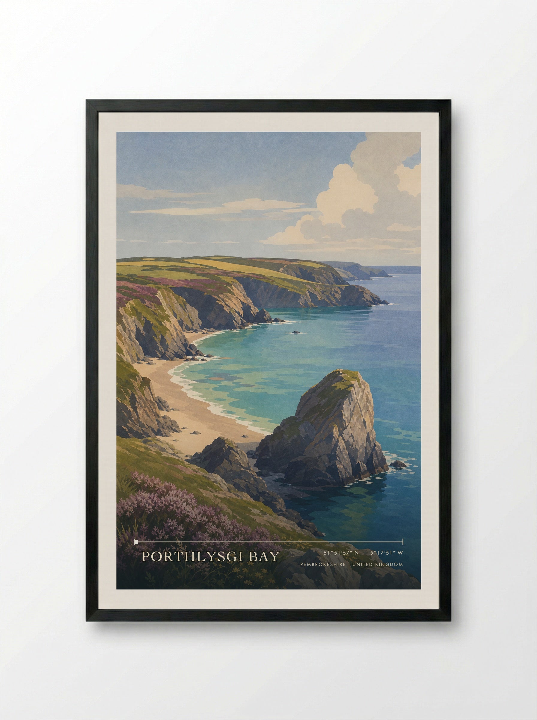 Porthlysgi Bay Pembrokeshire United Kingdom Travel Poster - Framed Print Black
