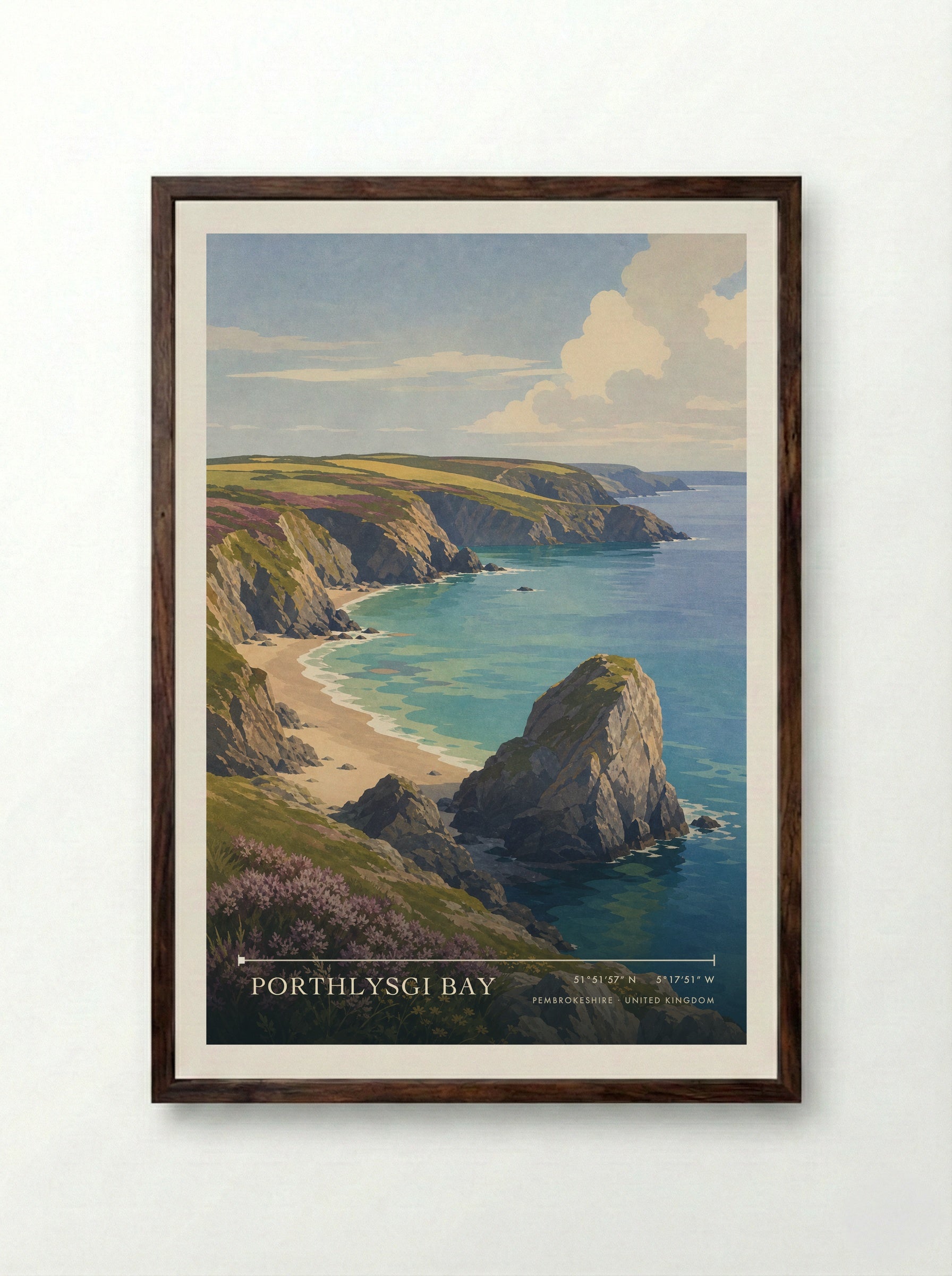 Porthlysgi Bay Pembrokeshire United Kingdom Travel Poster - Framed Print Dark Wood