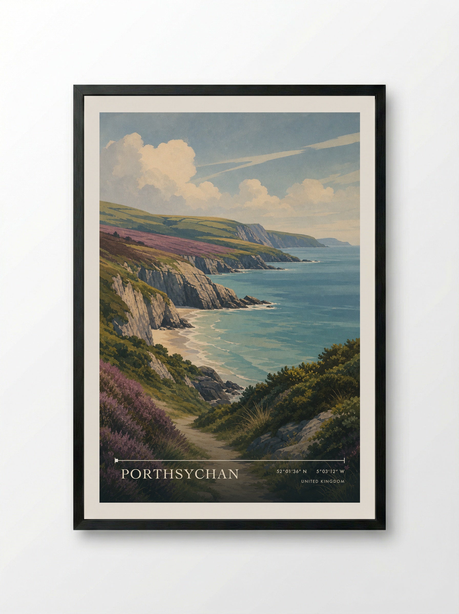 Porthsychan United Kingdom Travel Poster - Framed Print Black