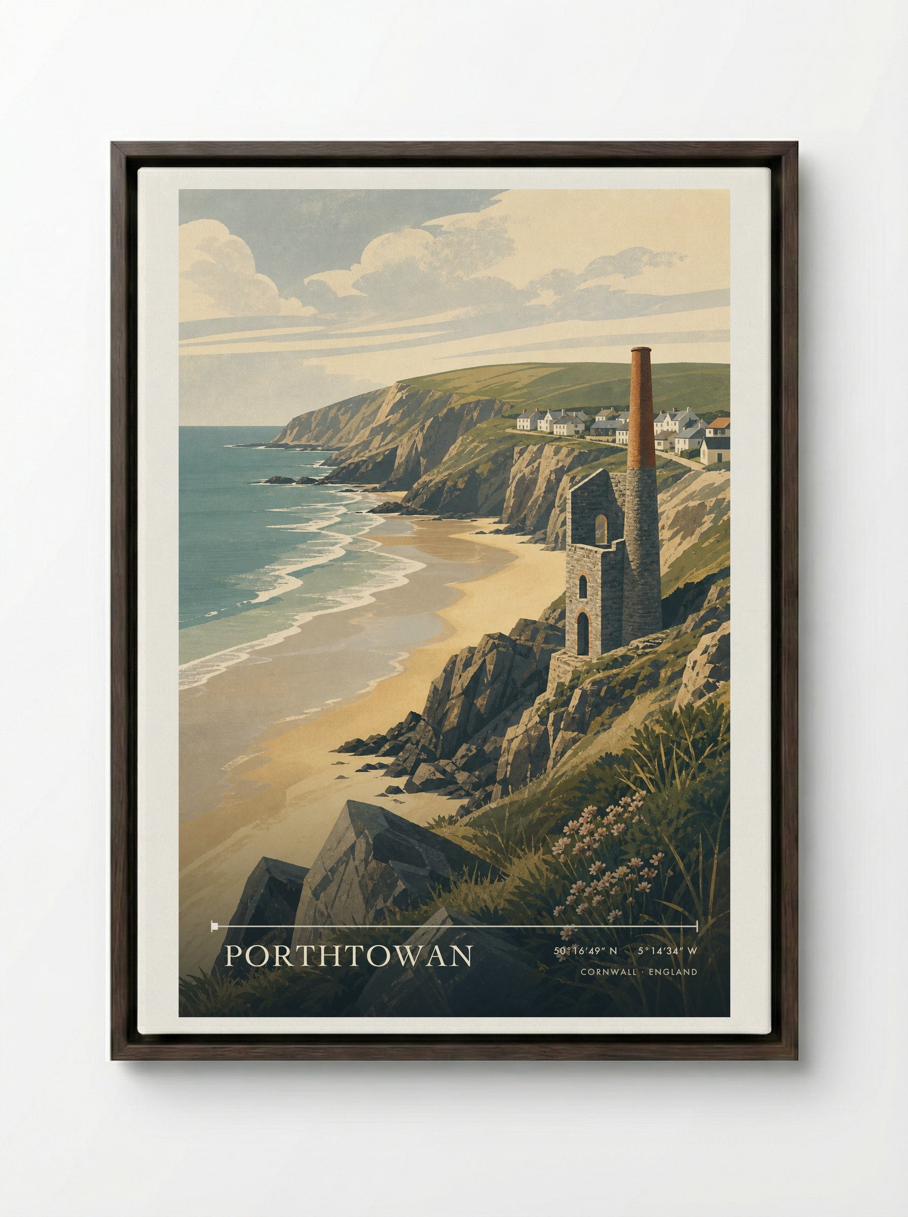 Porthtowan Cornwall England Travel Poster - Framed Canvas Dark Wood