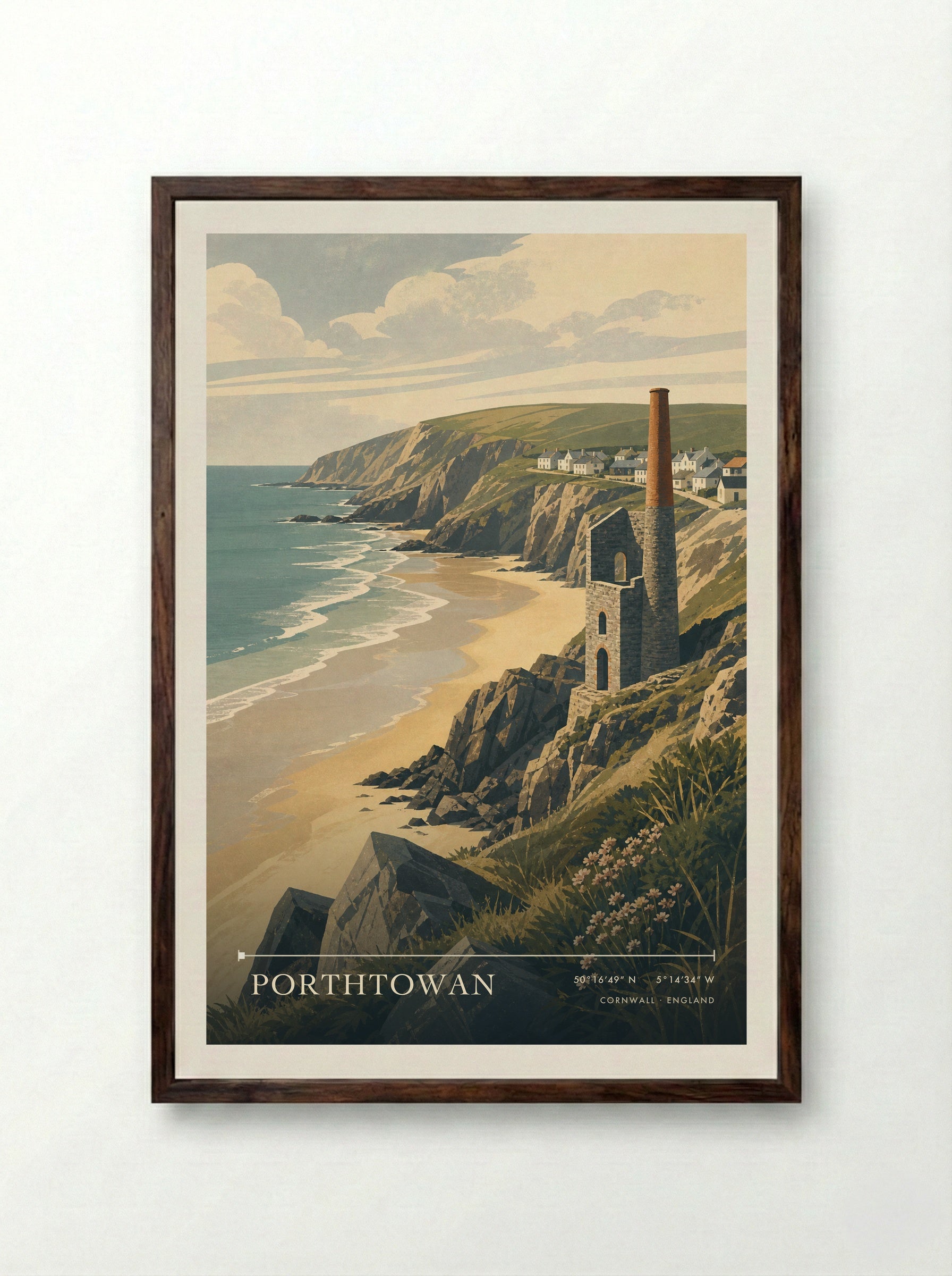 Porthtowan Cornwall England Travel Poster - Framed Print Dark Wood
