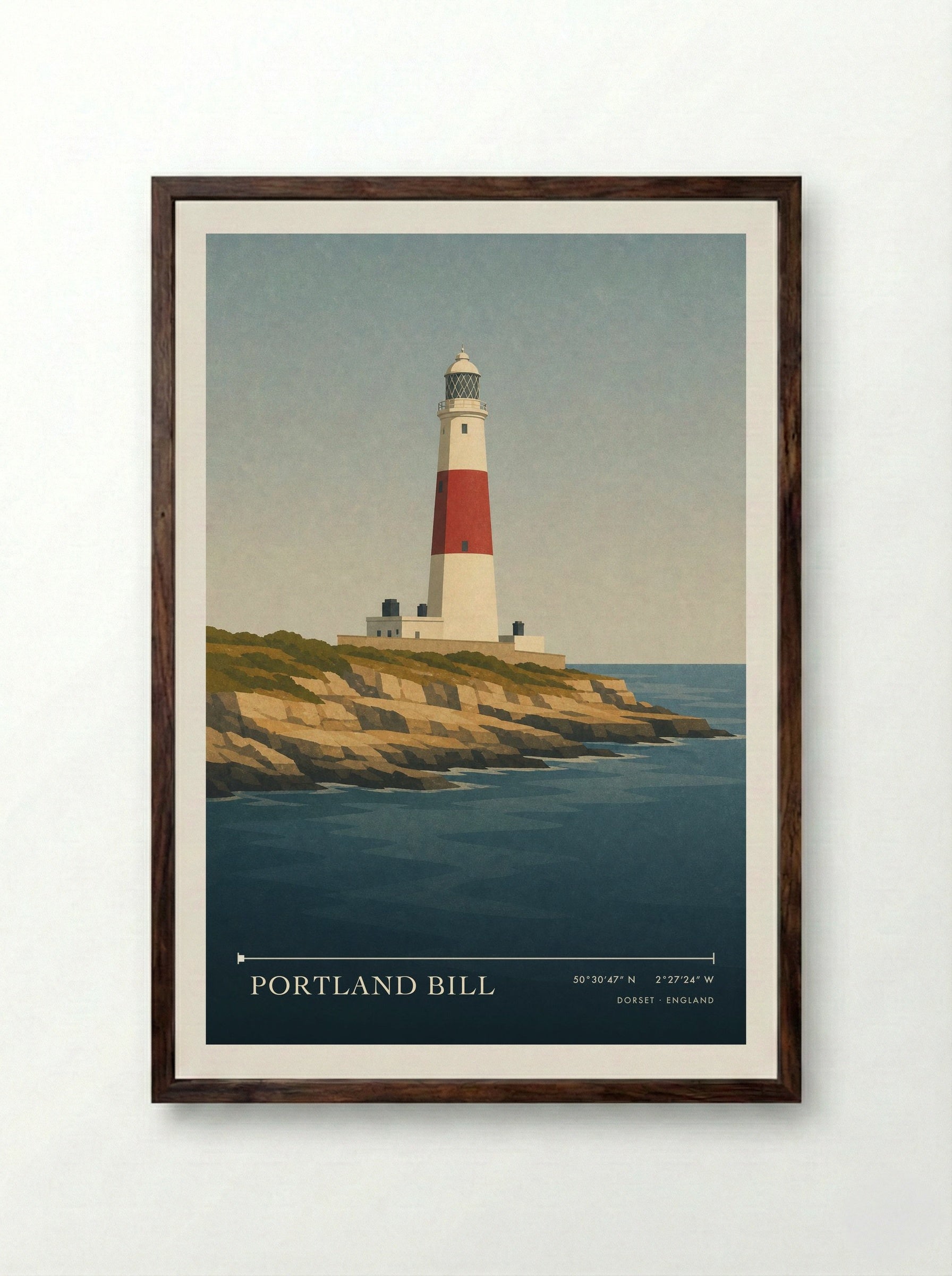 Portland Bill Dorset England Travel Poster - Framed Print Dark Wood