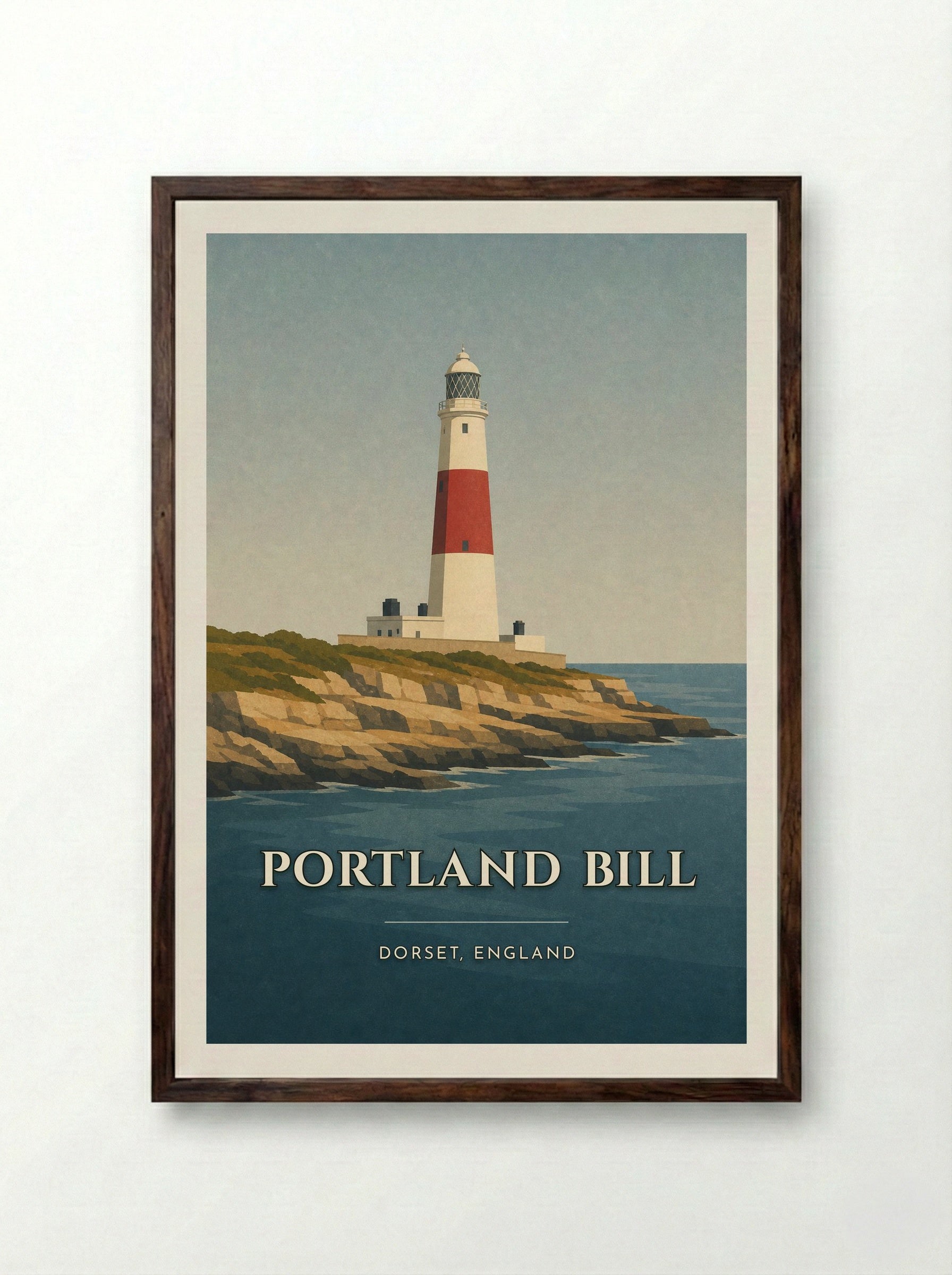 Portland Bill Dorset Travel Poster - Framed Print Dark Wood