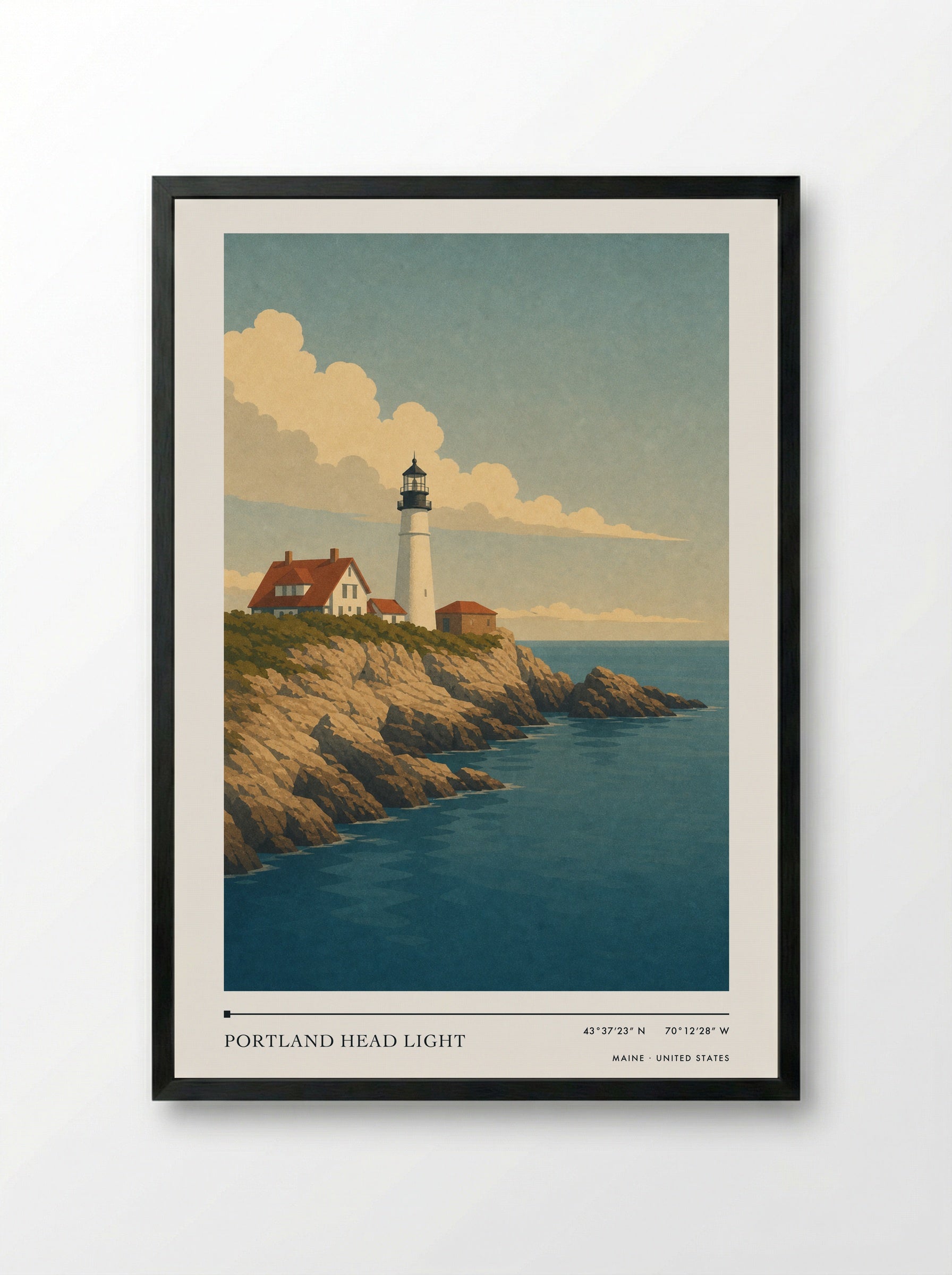 Portland Head Light Travel Poster Artwork - Framed Print Black