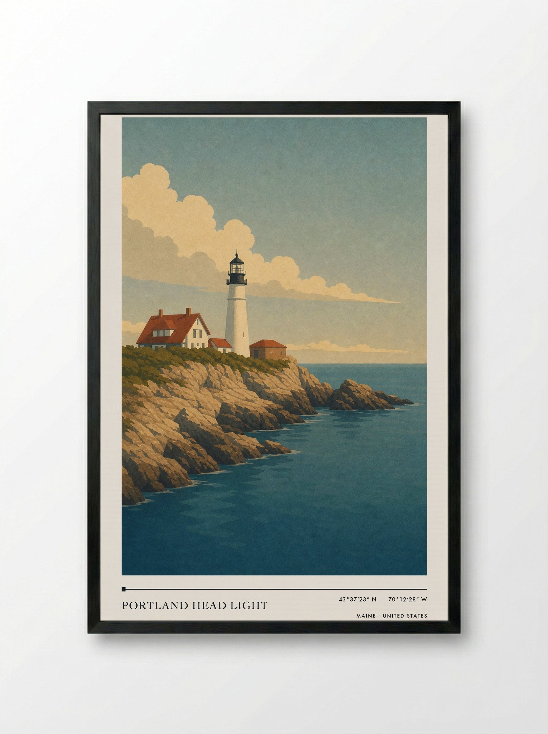 Portland Head Light Travel Poster Artwork - Framed Print Black