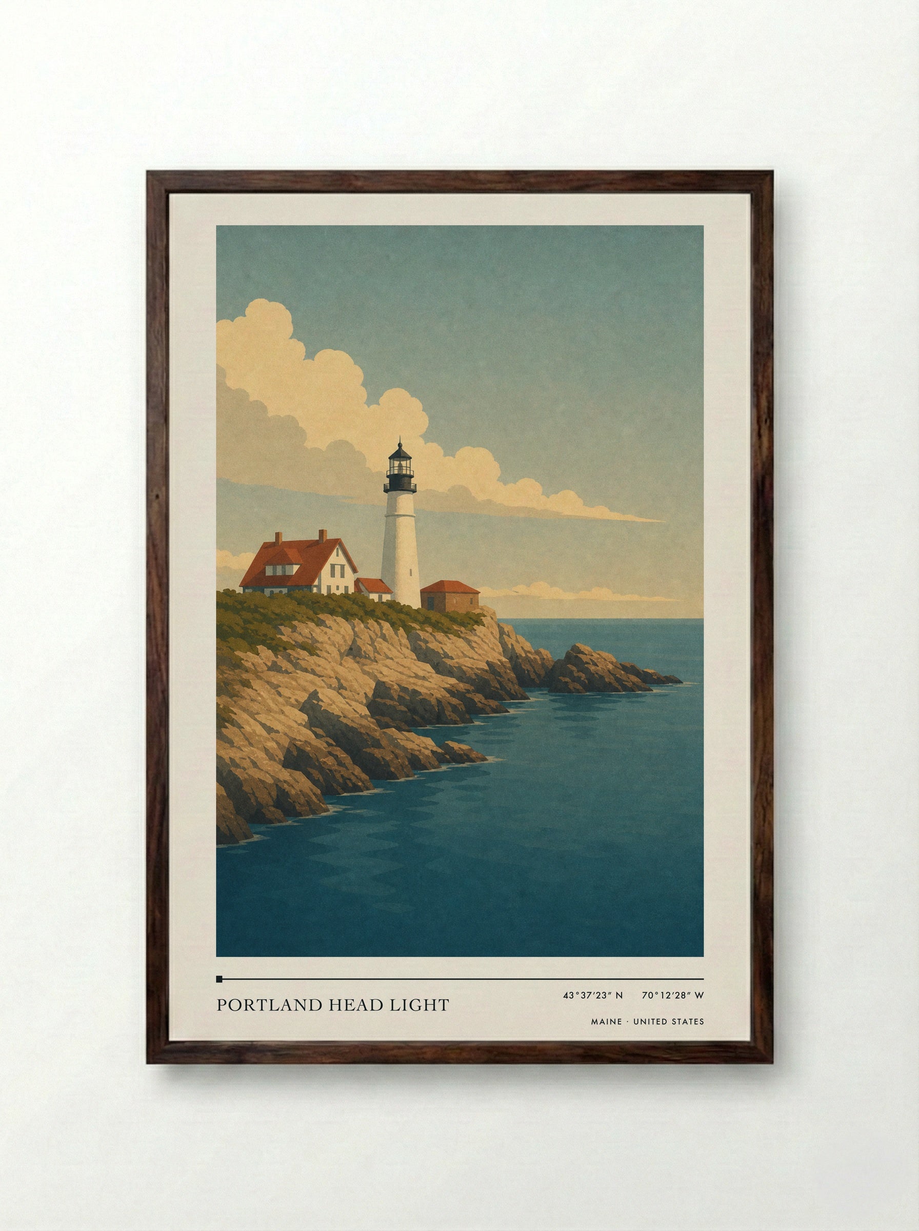 Portland Head Light Travel Poster Artwork - Framed Print Dark Wood