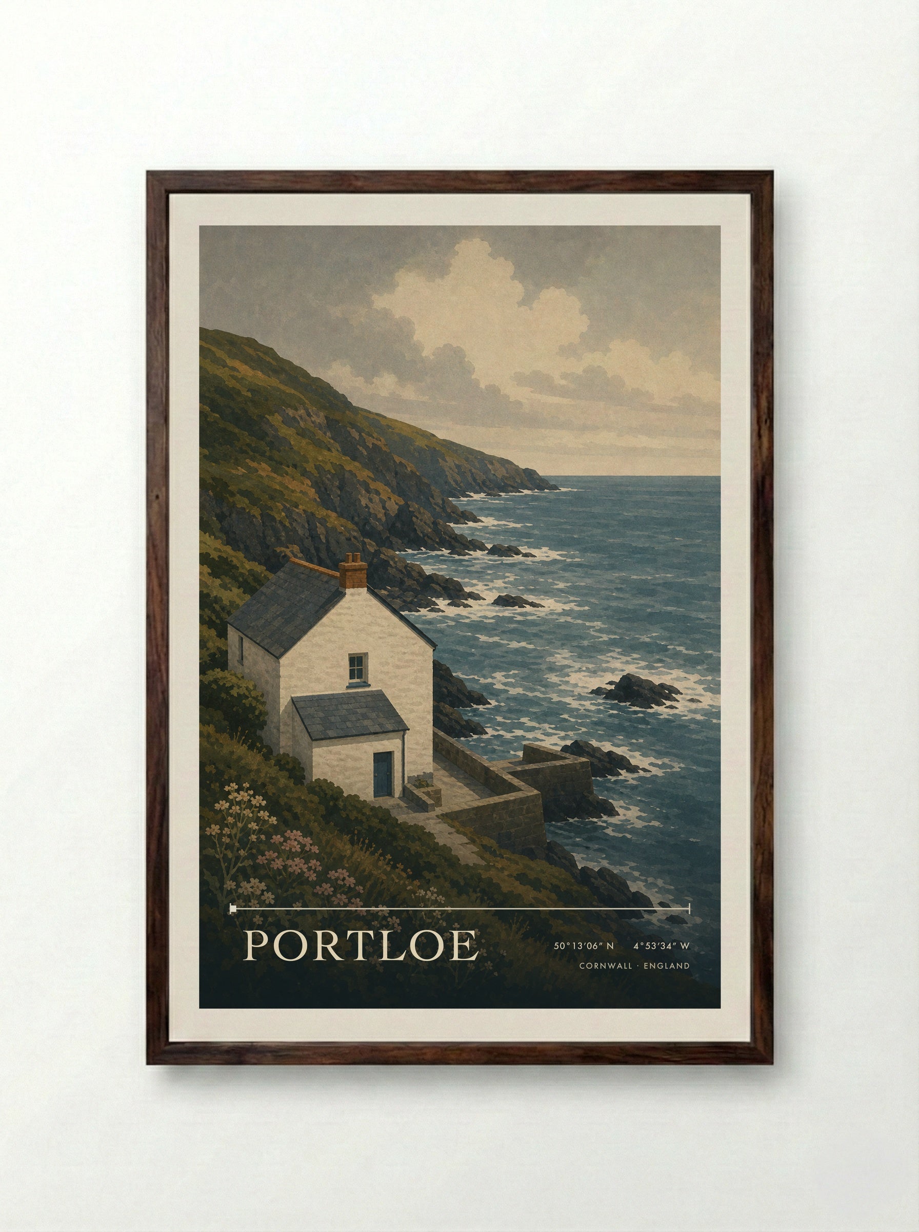 Portloe Cornwall England Travel Poster - Framed Print Dark Wood