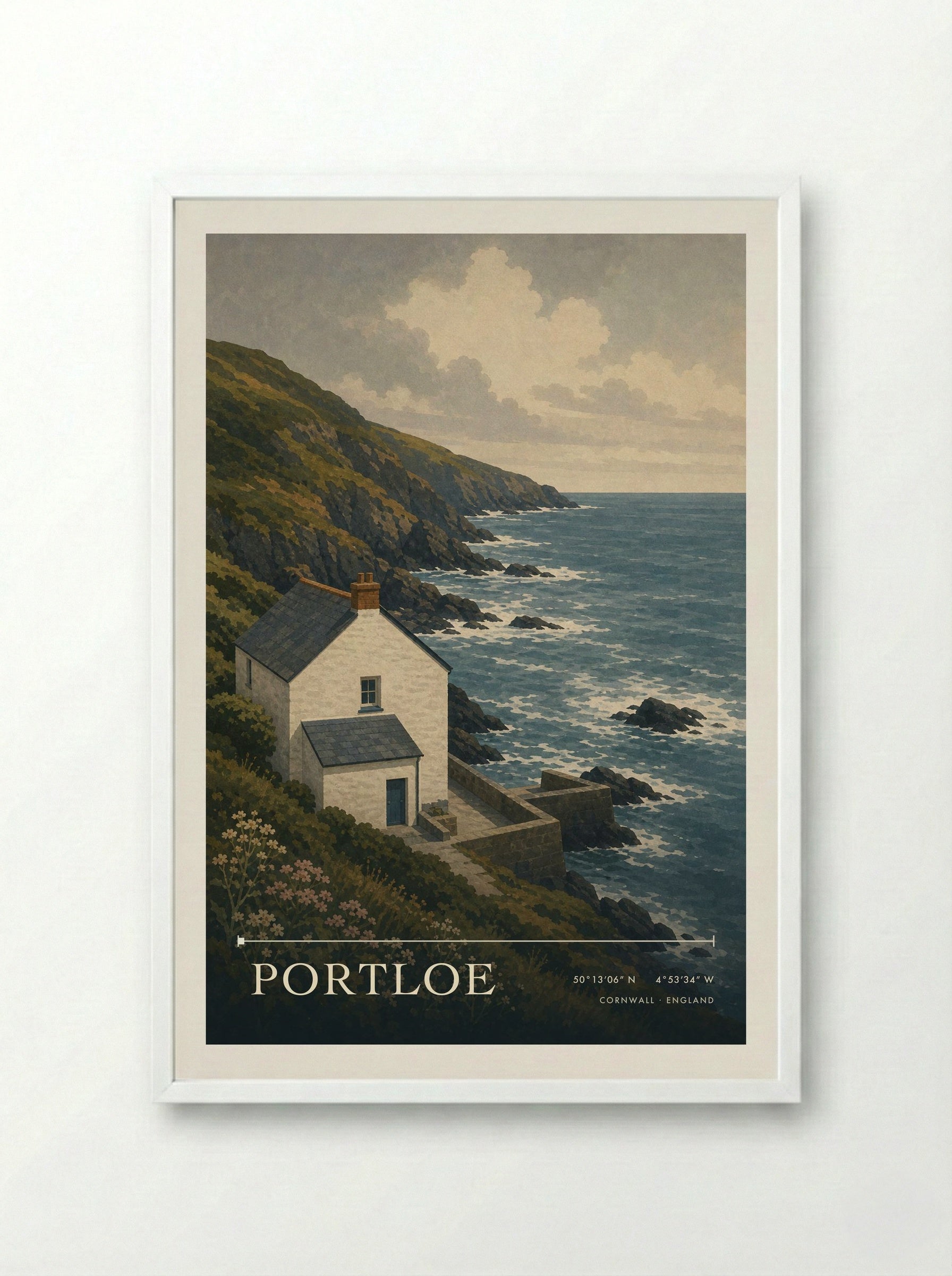 Portloe Cornwall England Travel Poster - Framed Print White