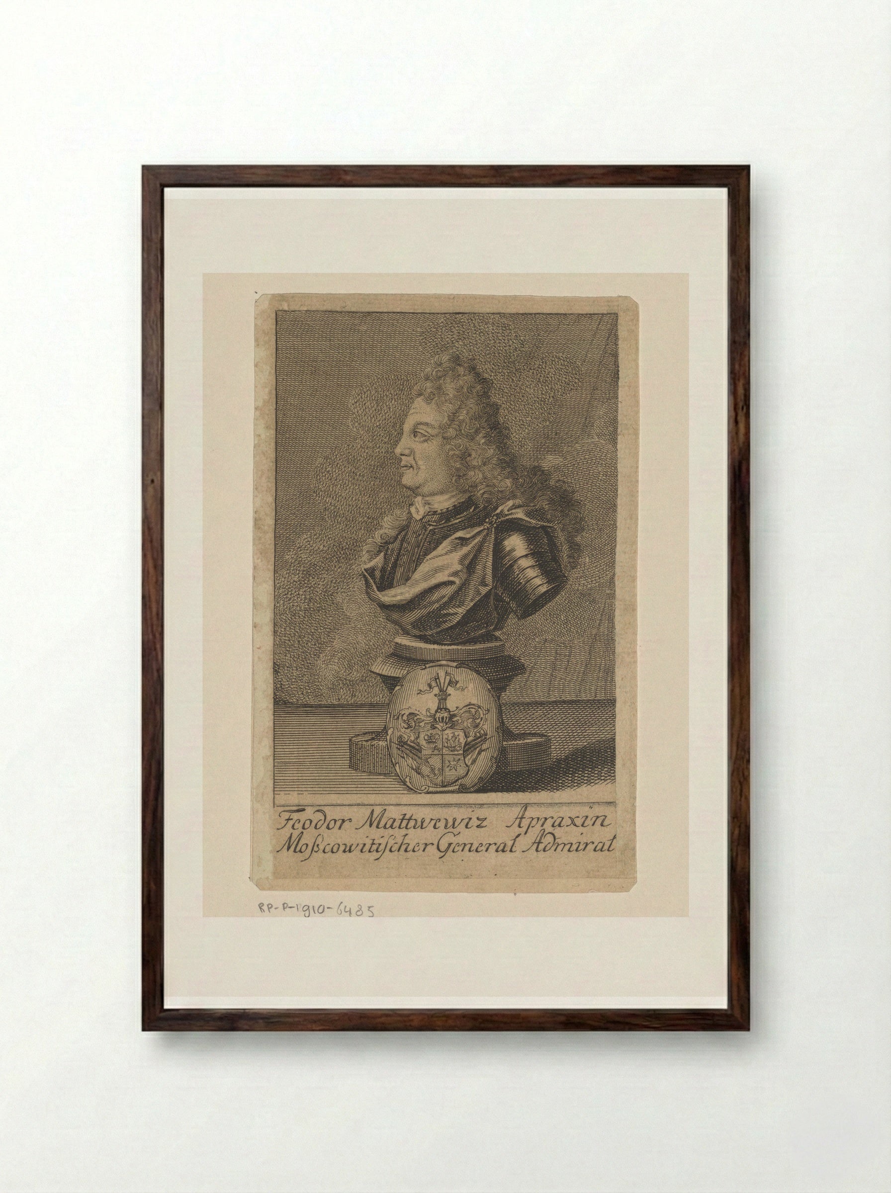 Portrait Bust of Fyodor Matveyevich Apraksin - Johann Martin Bernigeroth - Framed Print Dark Wood