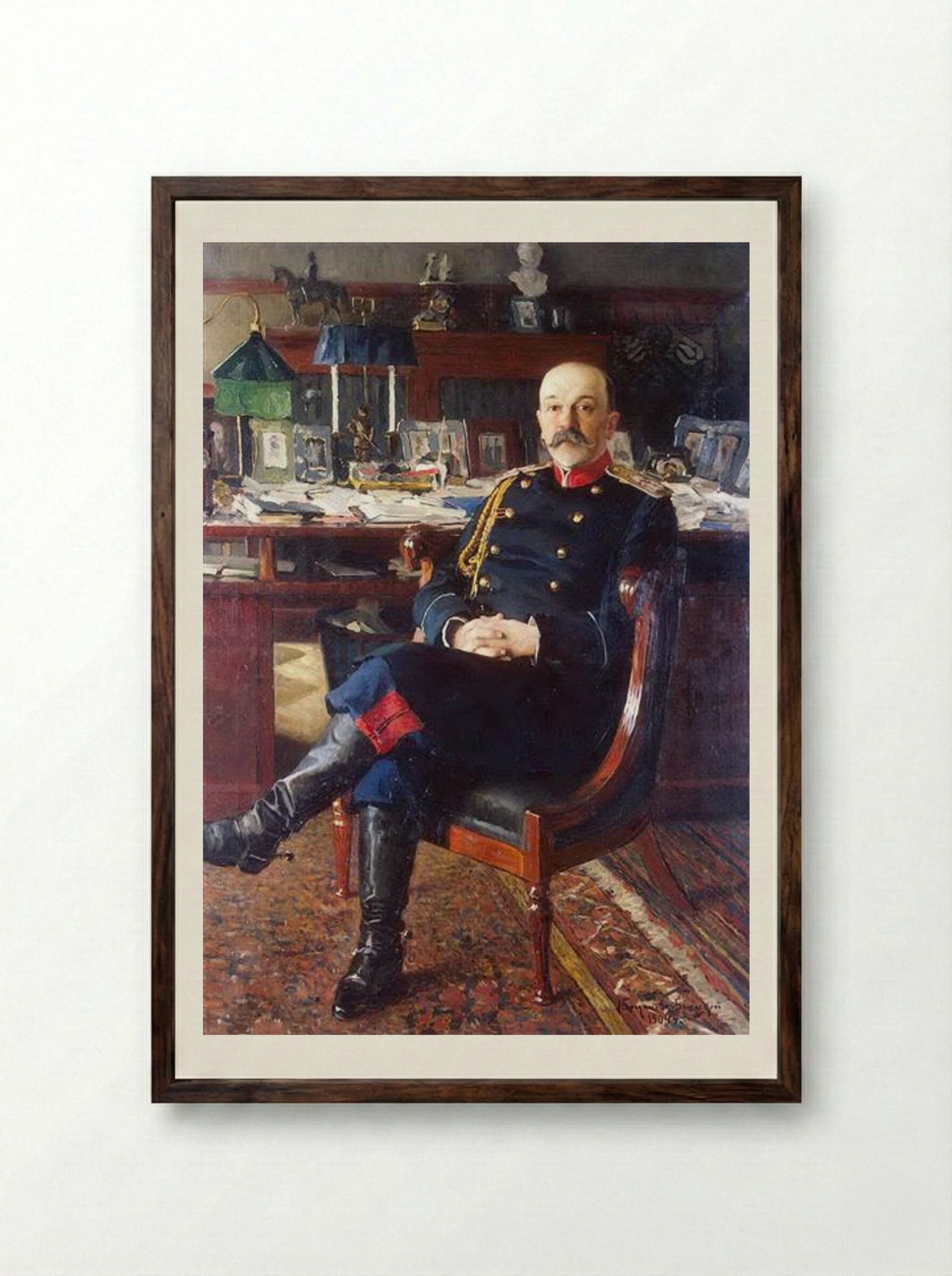 Portrait of Adjutant General P.P. Gesse - Nikolay Bogdanov-Belsky - Framed Print Dark Wood