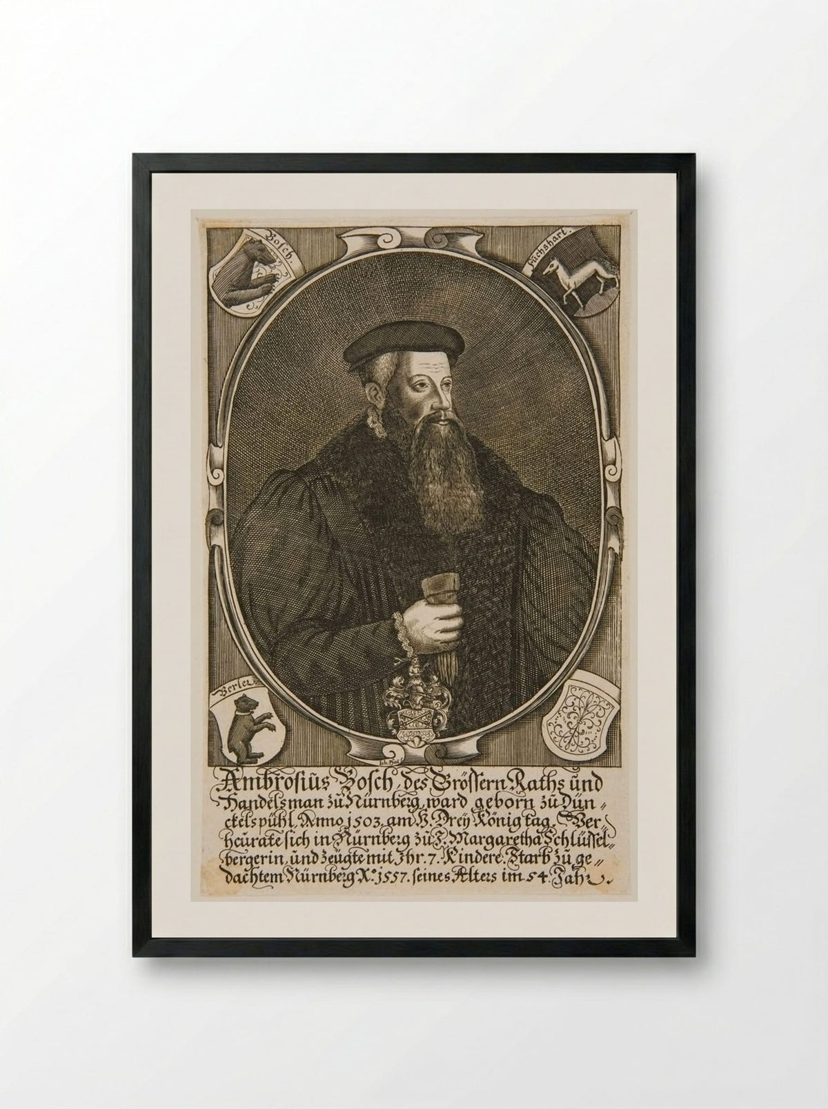 Portrait of Ambrosius Bosch - Johann Pfann - Framed Print Black