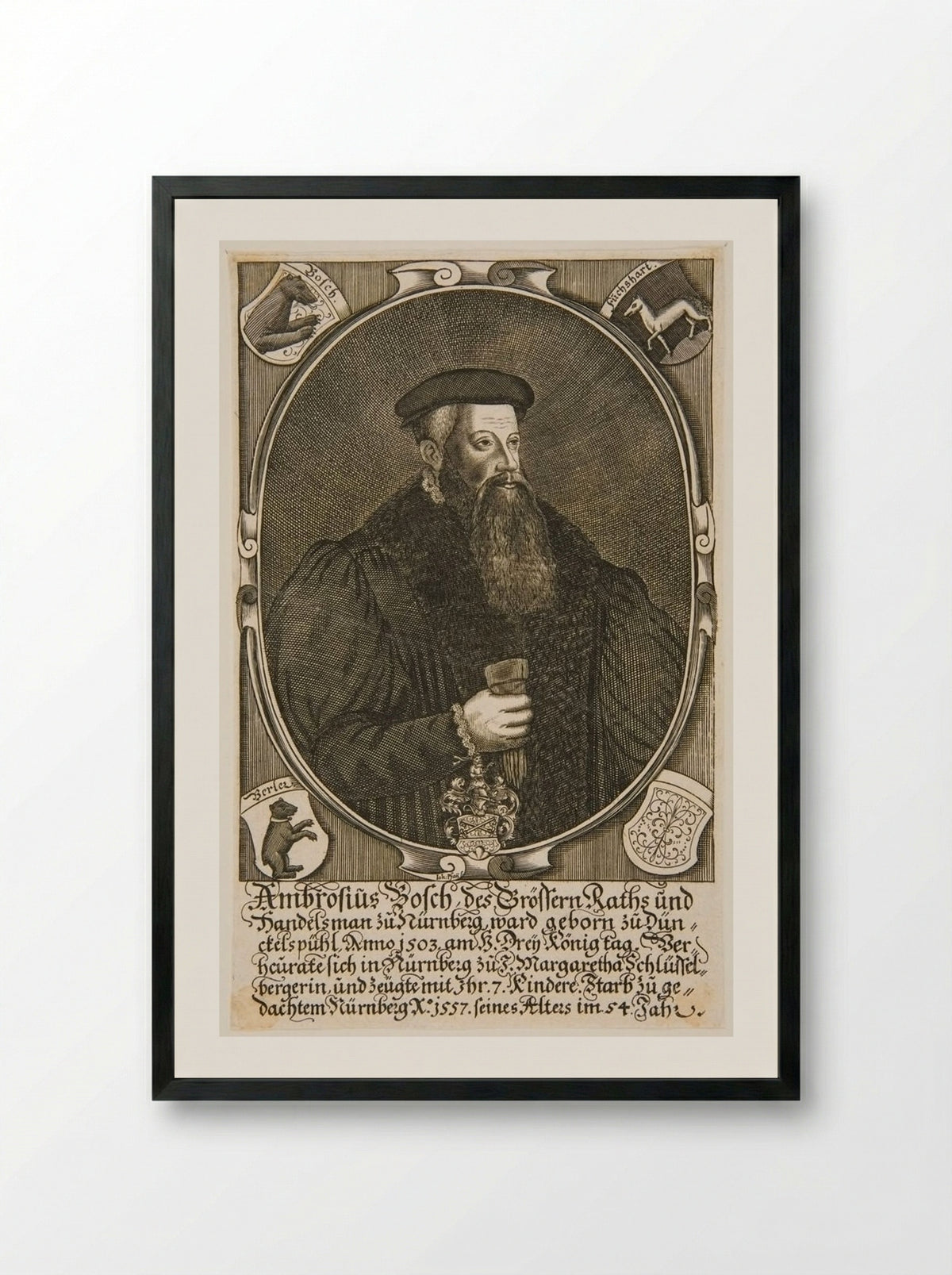 Portrait of Ambrosius Bosch - Johann Pfann - Framed Print Black
