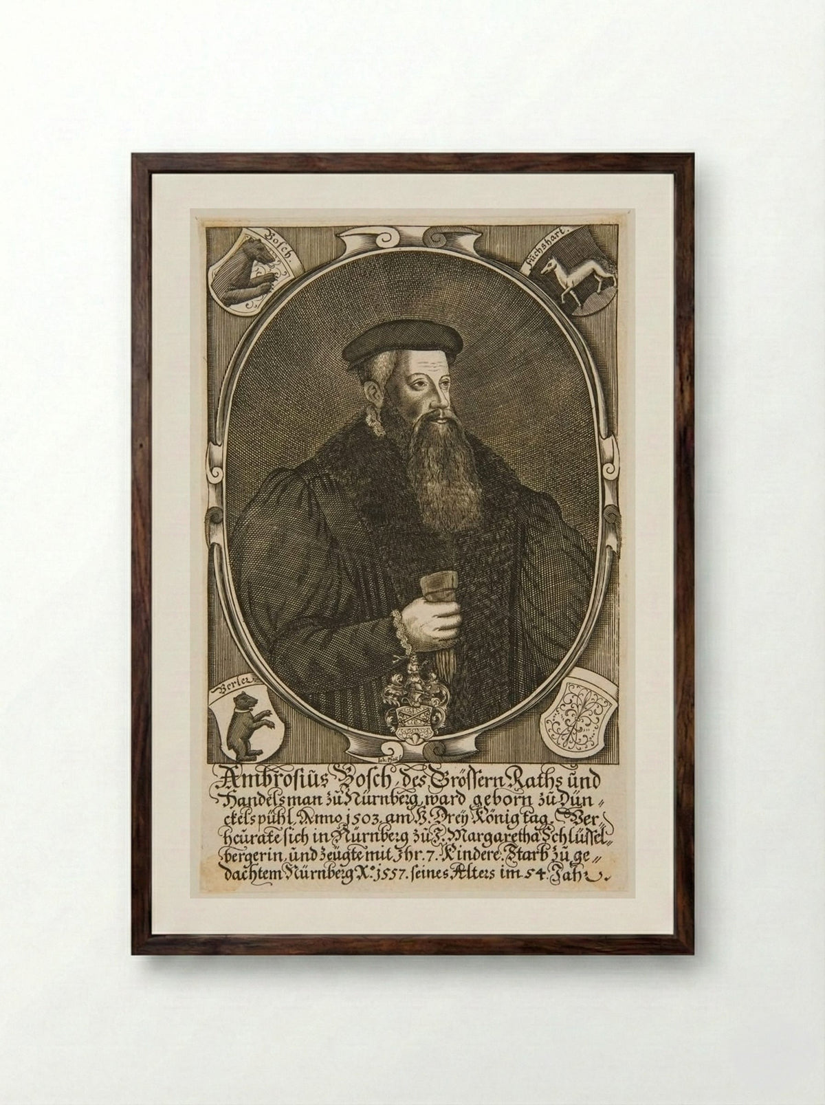 Portrait of Ambrosius Bosch - Johann Pfann - Framed Print Dark Wood