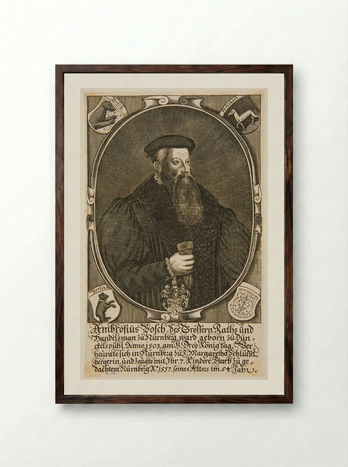 Portrait of Ambrosius Bosch - Johann Pfann - Framed Print Dark Wood