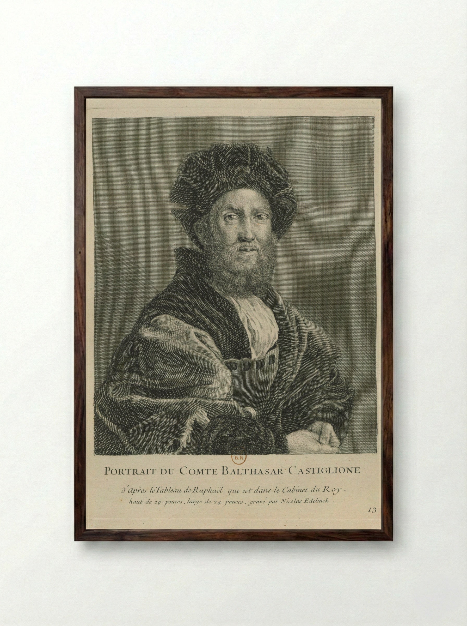 Portrait of Baldassare Castiglione - Nicolas Edelinck - Framed Print Dark Wood