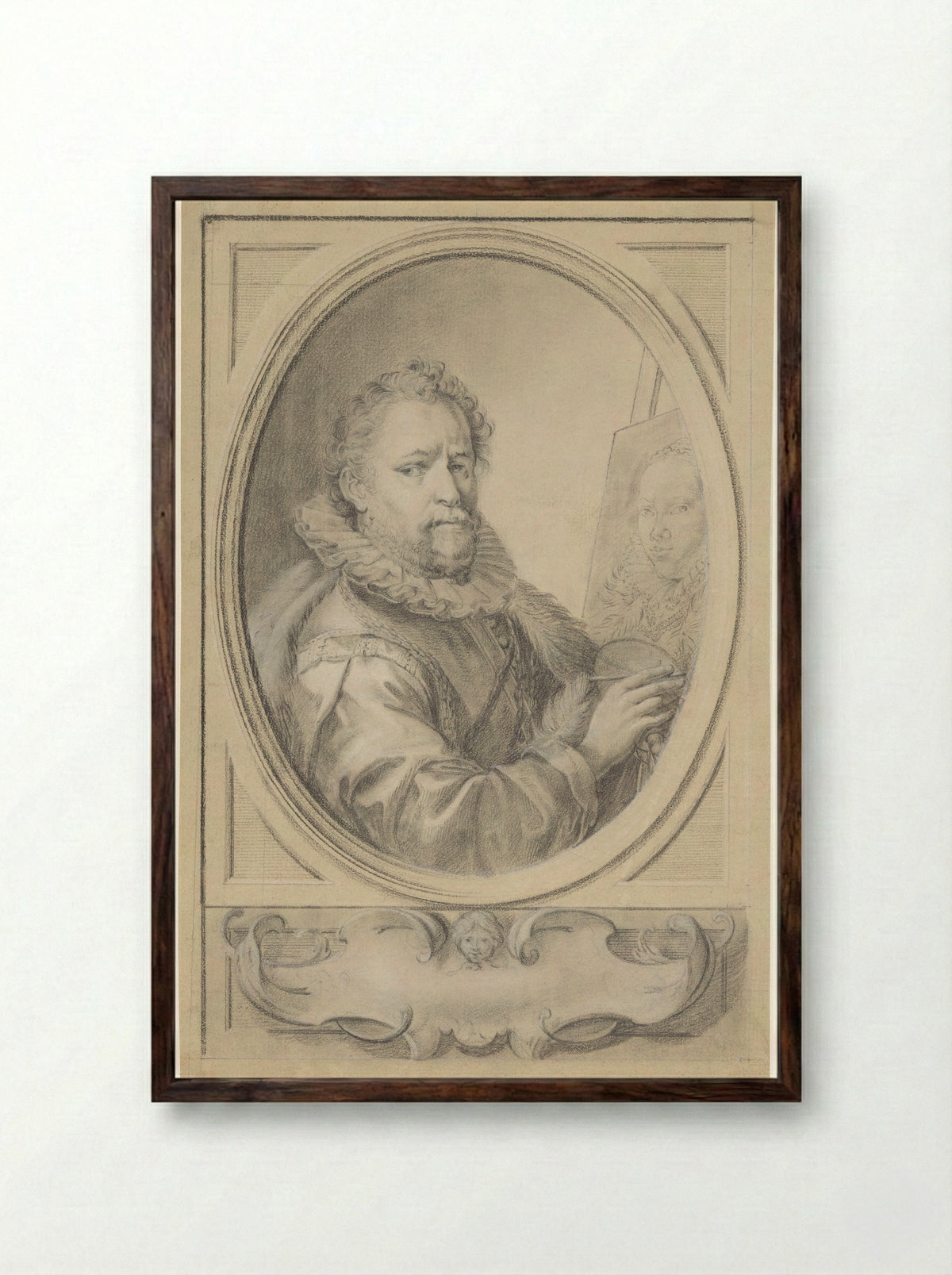 Portrait of Bartholomeus Spranger Painting His Wife - Gaspare Redi - Framed Print Dark Wood
