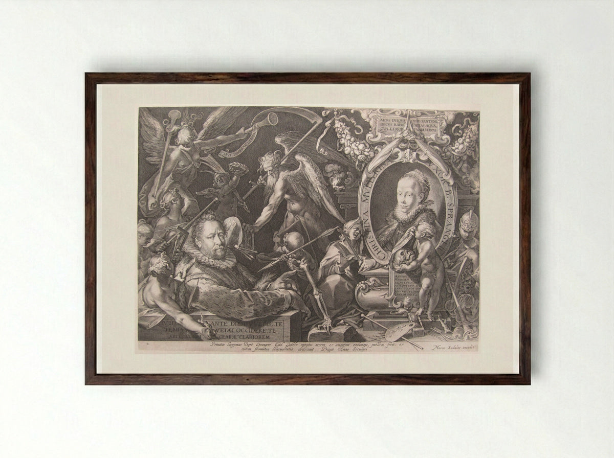 Portrait of Bartholomeus Spranger and His Deceased Wife Christina Muller - Aegidius Sadeler II - Framed Print Dark Wood
