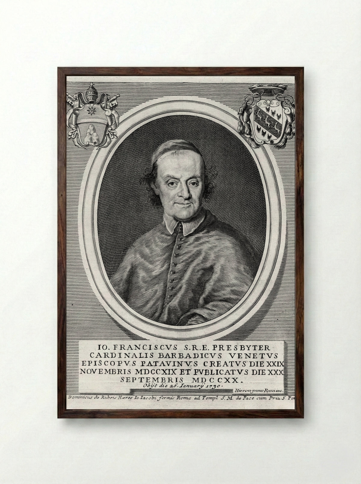 Portrait of Cardinal Giovanni Francesco Barbarigo - Hieronymus Rossi - Framed Print Dark Wood