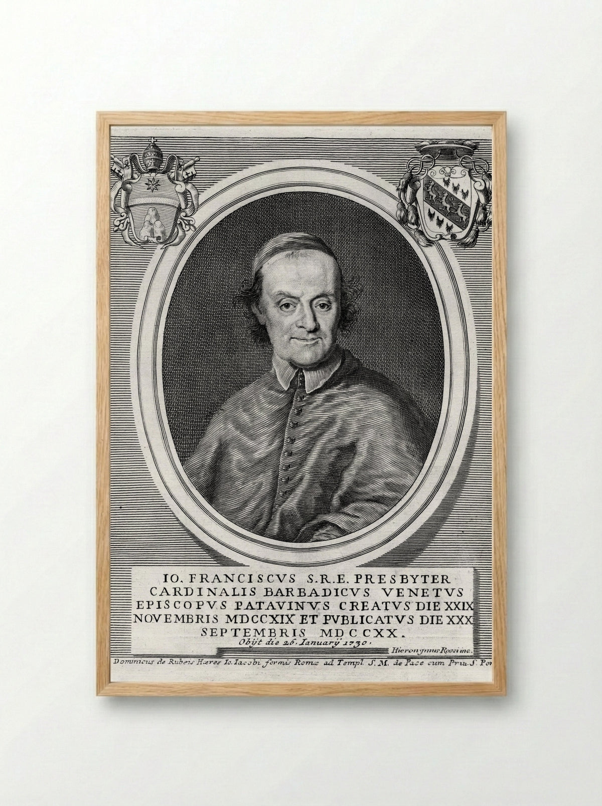 Portrait of Cardinal Giovanni Francesco Barbarigo - Hieronymus Rossi - Framed Print Wood